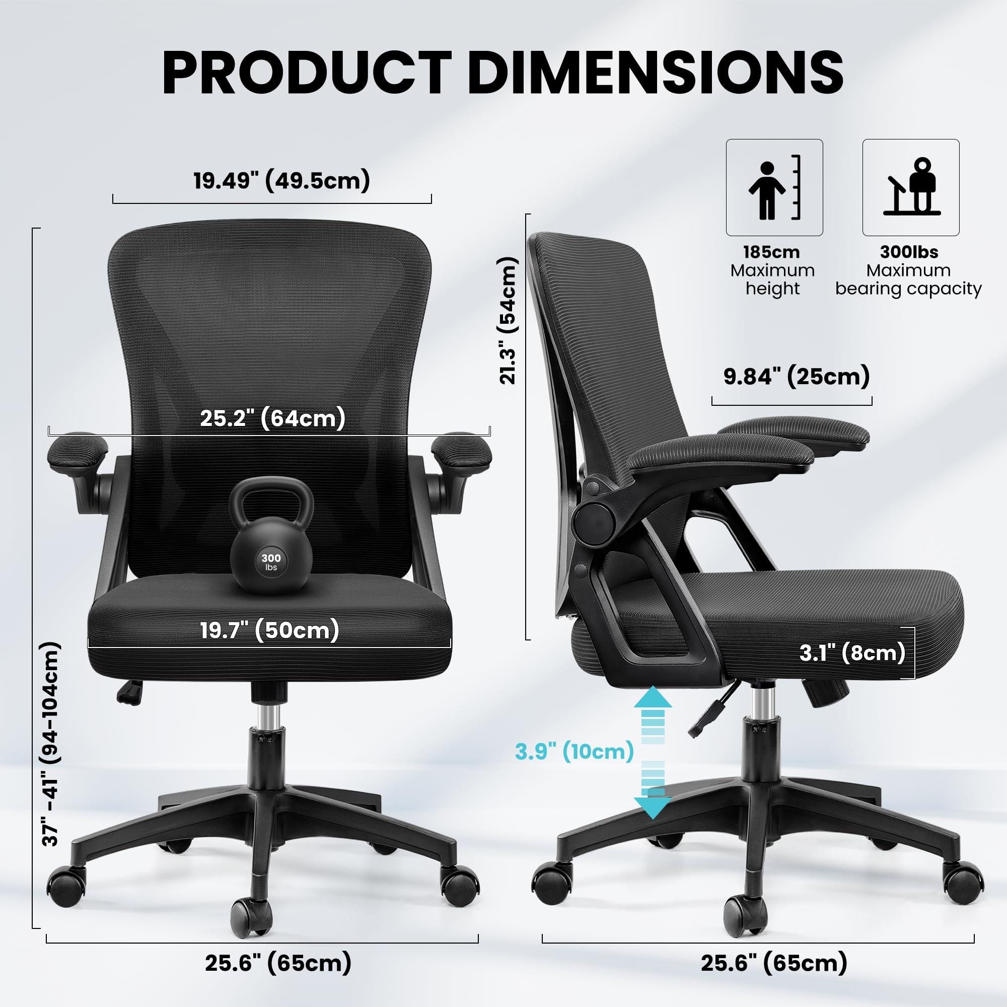 Office Chair, Ergonomic Home Computer Desk Chairs, Comfy Breathable Mesh Chair with Adjustable Lumbar Support Flip-up Armrests, Executive Task Chair with High Back for Home Office Rolling Swivel Chair - Image 3