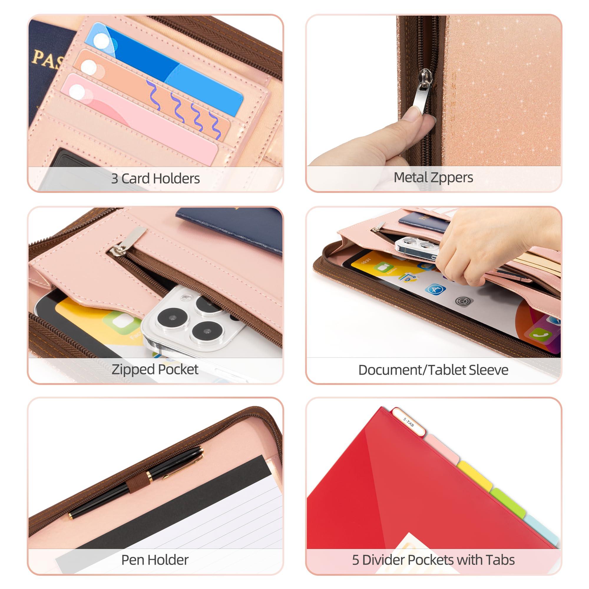 Ospelelf Clipboard with Storage, 3 Ring Binder with Zipper, Leather Padfolio Portfolio Folder, Calculator, 12.1” Tablet Sleeve, 5 Dividers with Pocket|Refillable Notepad, Card Slot (Rose Gold) - Image 4