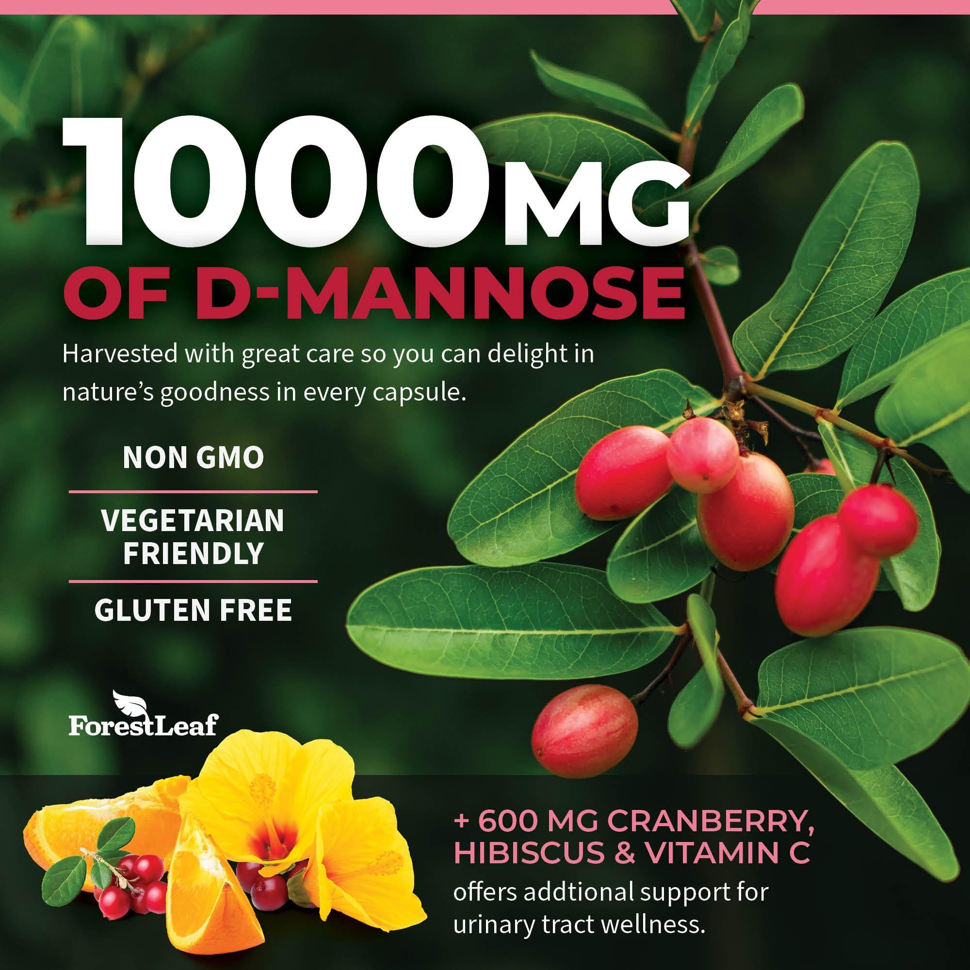 ForestLeaf D Mannose 1000mg Capsules - D-Mannose with Cranberry, Hibiscus & VIT C, Urinary Tract Health for Women and Men, DMannose Pills for UTI, Urinary Health & Bladder Support 120 Capsules - Image 3