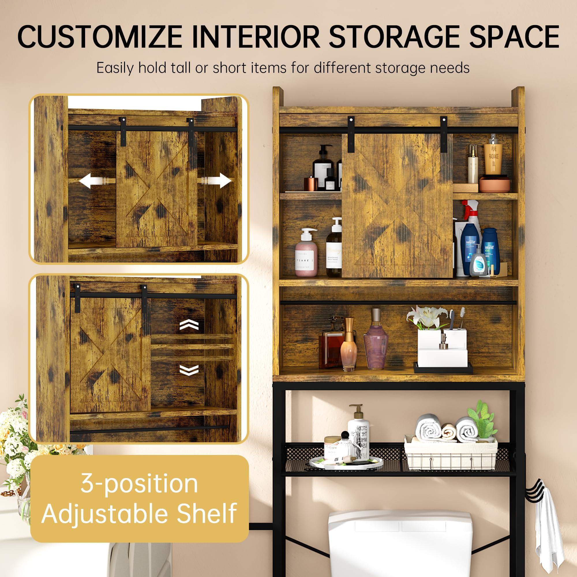 Lamerge Over The Toilet Storage Cabinet, Bathroom Organizer with Barn Door, Freestanding with Adjustable Shelf, Paper Hook, Space Saver, Retro Brown - Image 7
