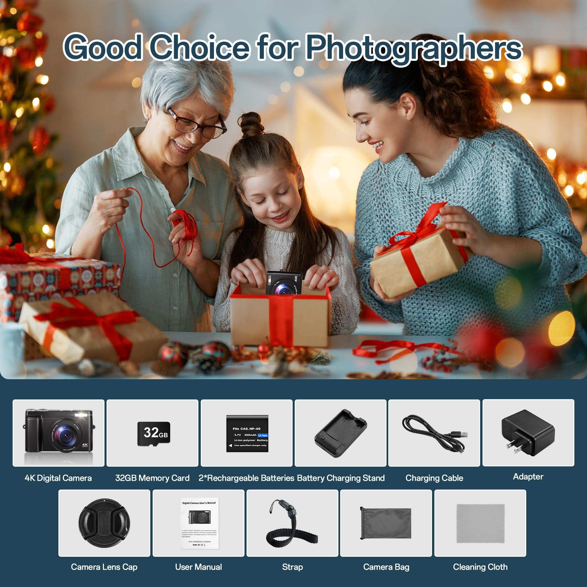 4K Digital Camera for Photography, 48MP Autofocus Vlogging Camera for YouTube with 3'' 180°Flip Screen, 16X Digital Zoom Anti-Shake with SD Card, 2 Batteries & Charging Stand - Image 8