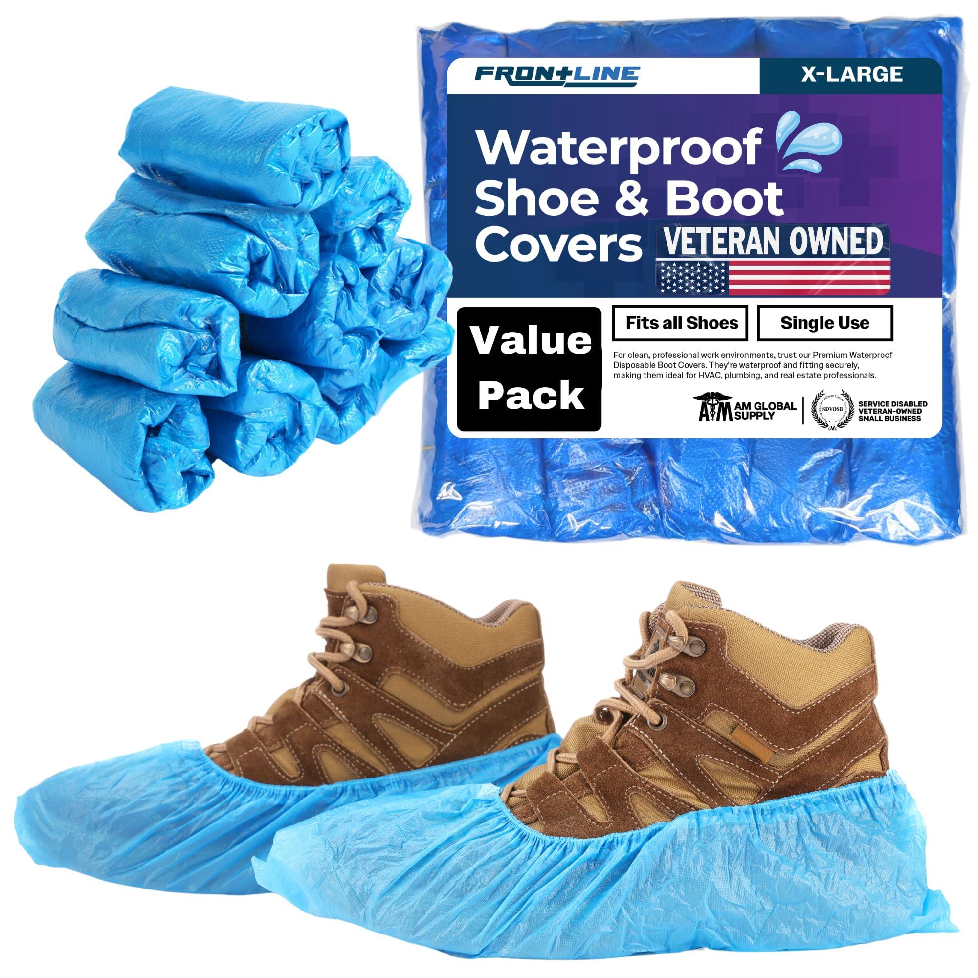 Frontline Shoe Covers Disposable Waterproof, Recyclable Premium Thick Plastic, SLip Resistance, Durable, Booties for Shoes, XL One Size Fits Most, Indoor Outdoor Shoe Covers (100)