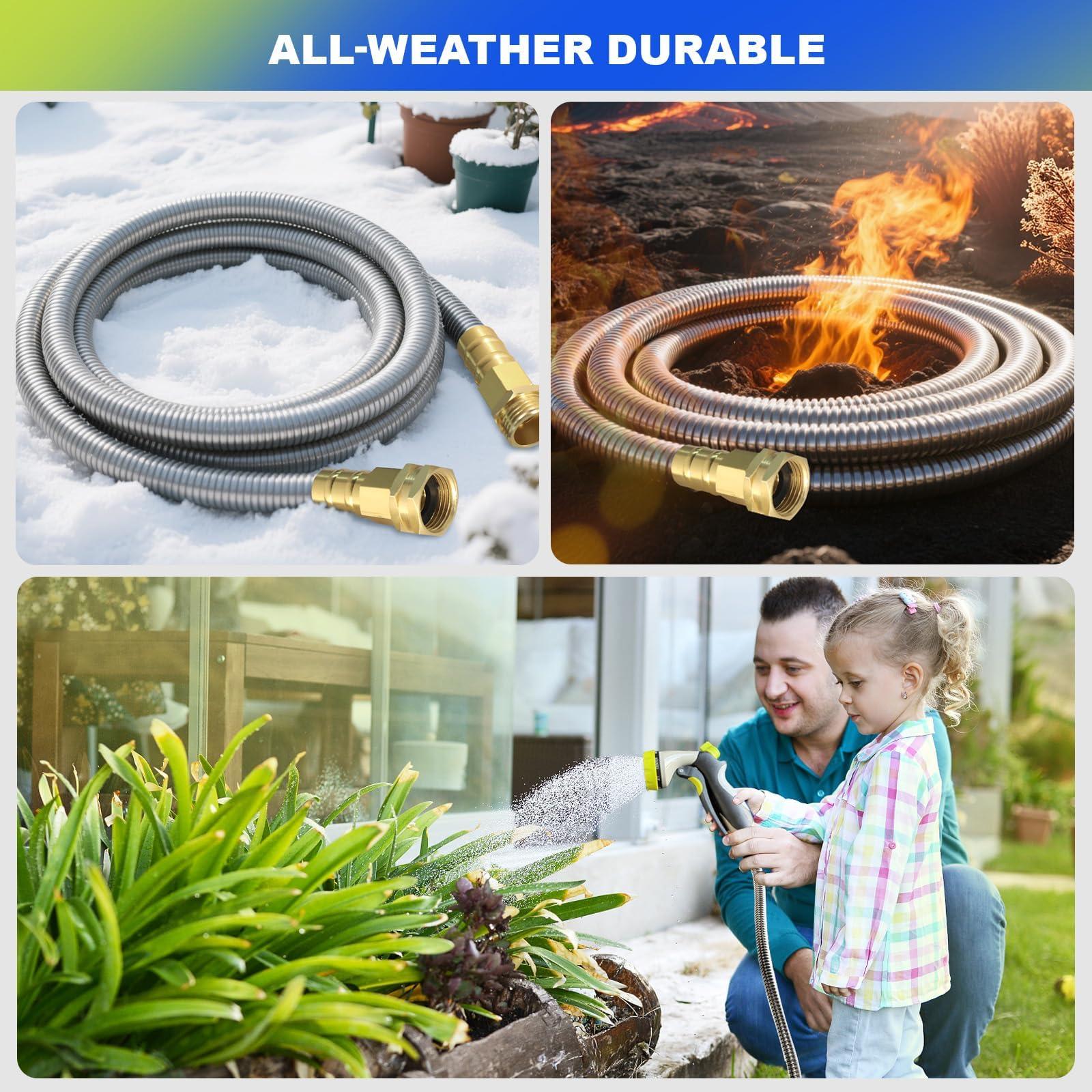 Holldoor Metal Garden Hose 50 ft – 304 Stainless Steel Water Hose with Nozzle Sprayer, Garden Hoses Flexible, Lightweight, No Kink, Heavy Duty for Outdoor (50 ft) - Image 6