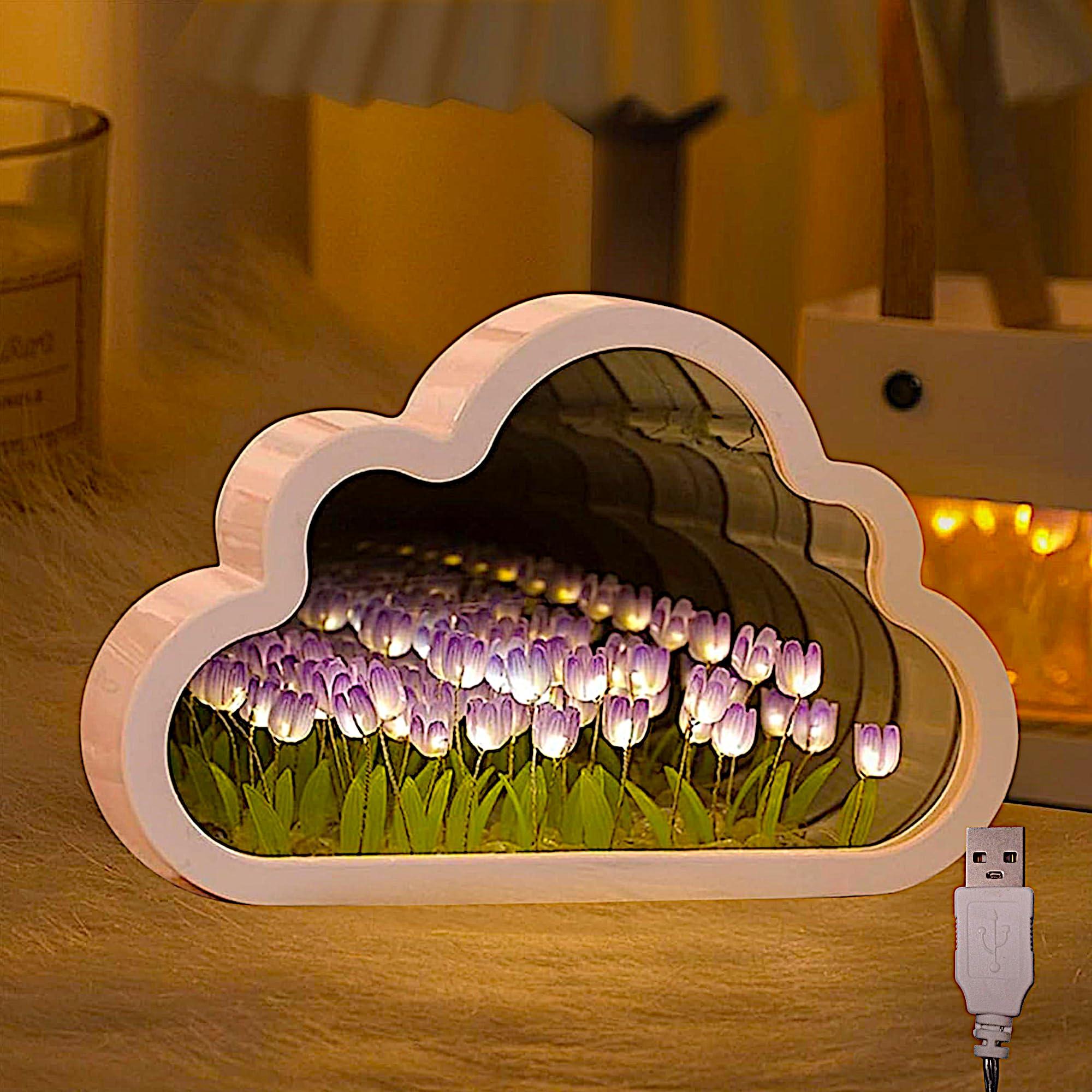 ALYMACK Handmade Tulip Lamp Fully Assembled - Flower Night Light Cuteness Lamps - Tulip and Rose Infinity Mirror in a Glass - Gift for Women or Girl - Lampara de Tulipanes Infinitos (Purple, USB)