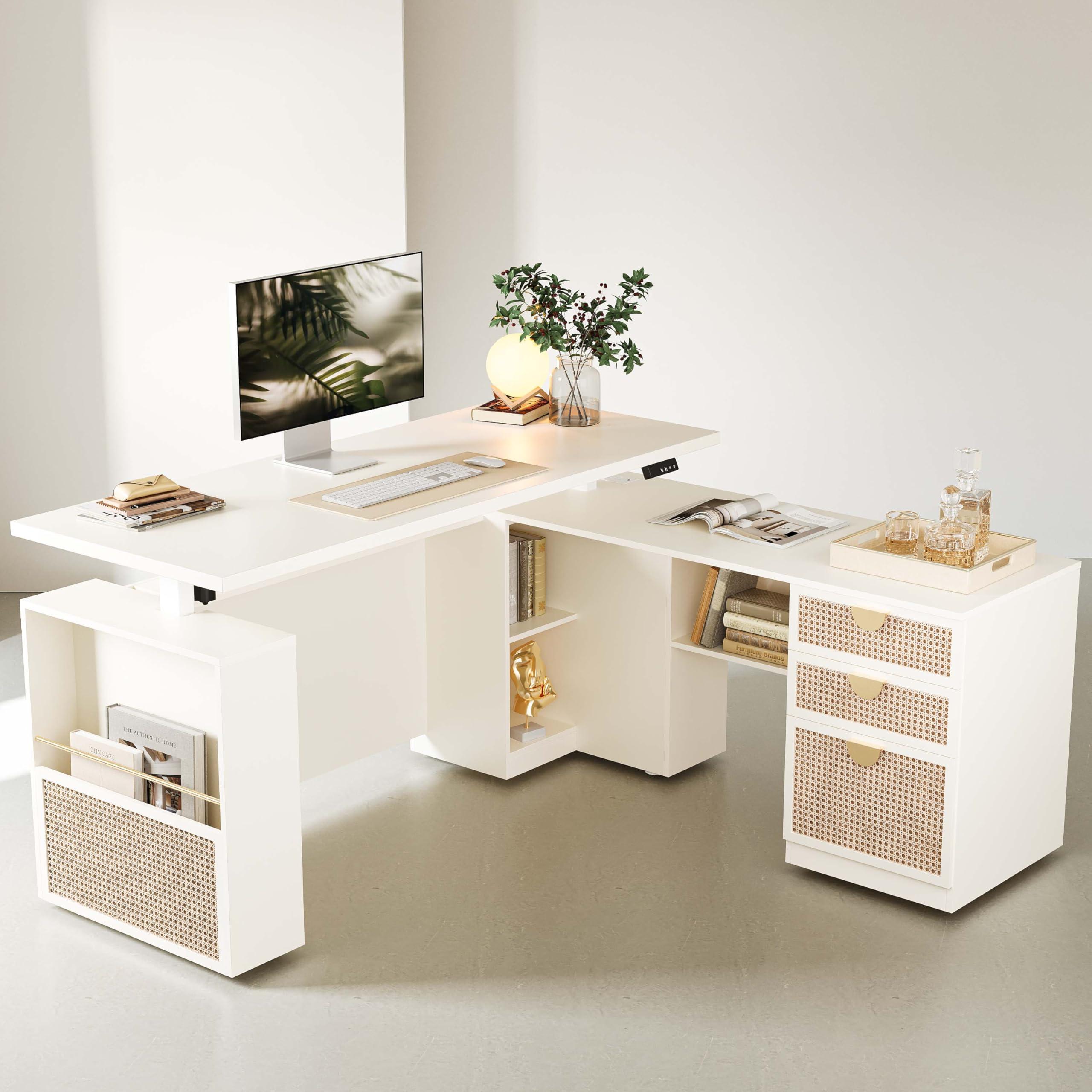 ModernMate 63" Standing Desk with File Cabinet, Privacy Panel, AC/USB, 1.18" Desktop, Executive L Shaped Height Adjustable Desk, Electric Stand Up Table with 3 Drawers, White Rattan - Image 9