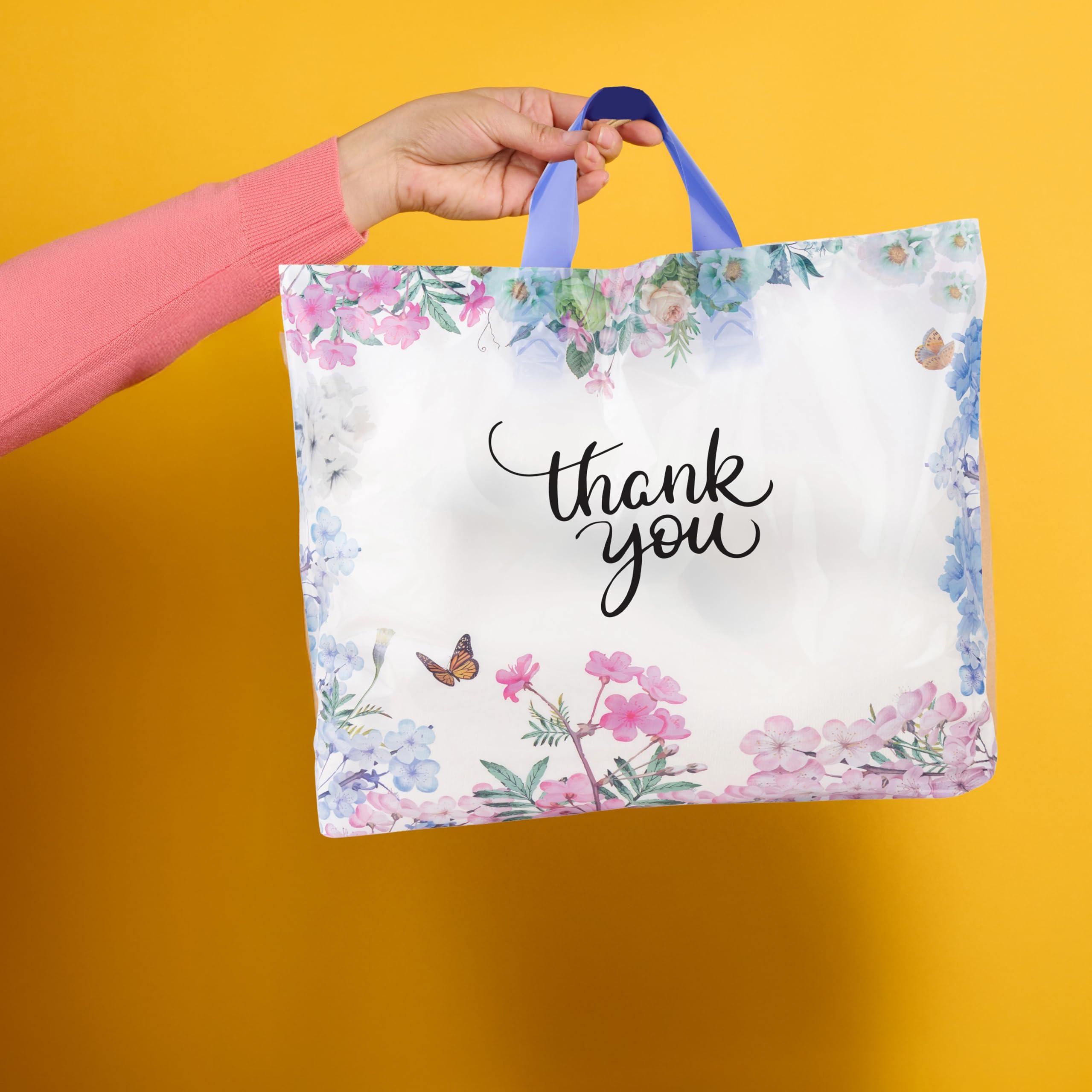 Purple Q Crafts Thank You Bags for Business 50 Pack 15" W x 12" H Floral Plastic Shopping Bags With Soft Loop Handle Thank You Shopping Bag - Image 5