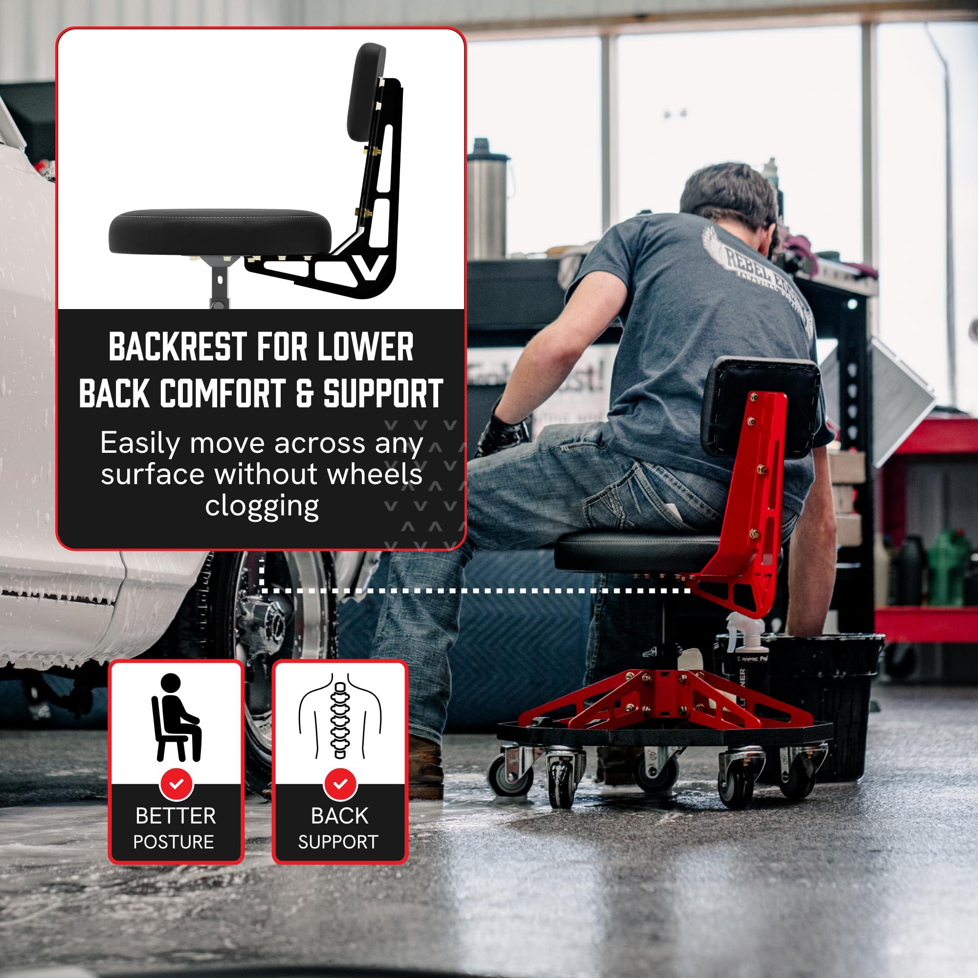 Vyper Robust Steel Sport Shop Chair for Mechanics, Automotive, DIY - 300 lb Capacity Garage Stool with Backrest & Large Wheels (Black Seat, Blue Frame) - Image 6