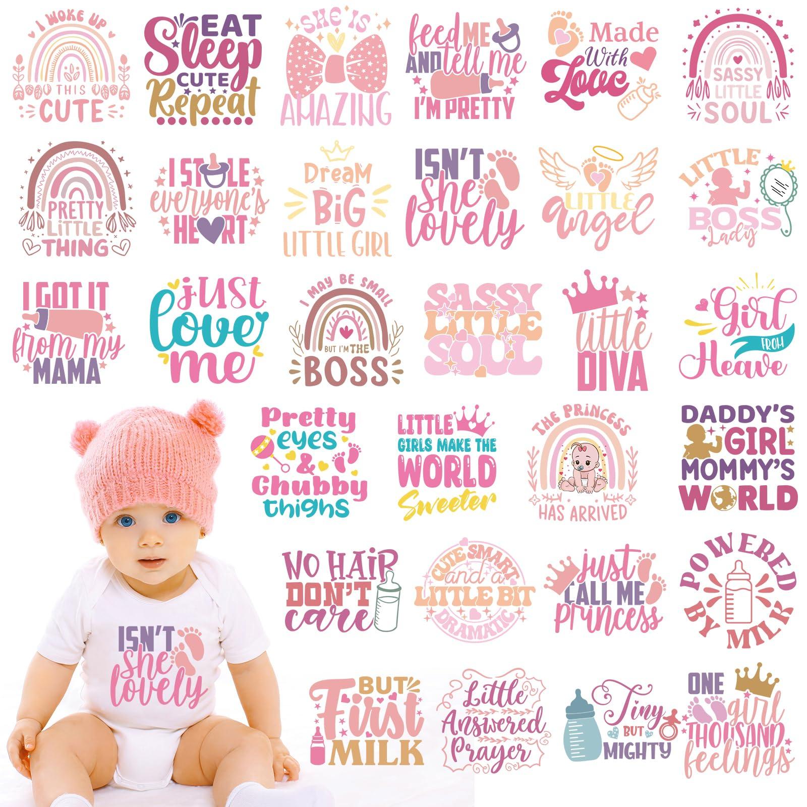 Dazoratix Baby Iron on Transfers - 30 Pcs Pink Ready to Press Heat Transfer Vinyl Stickers Onesie Decorating Kit Bodysuit Patches for Girl Shower Gender Reveal Party T-Shirts Hat DIY Crafts