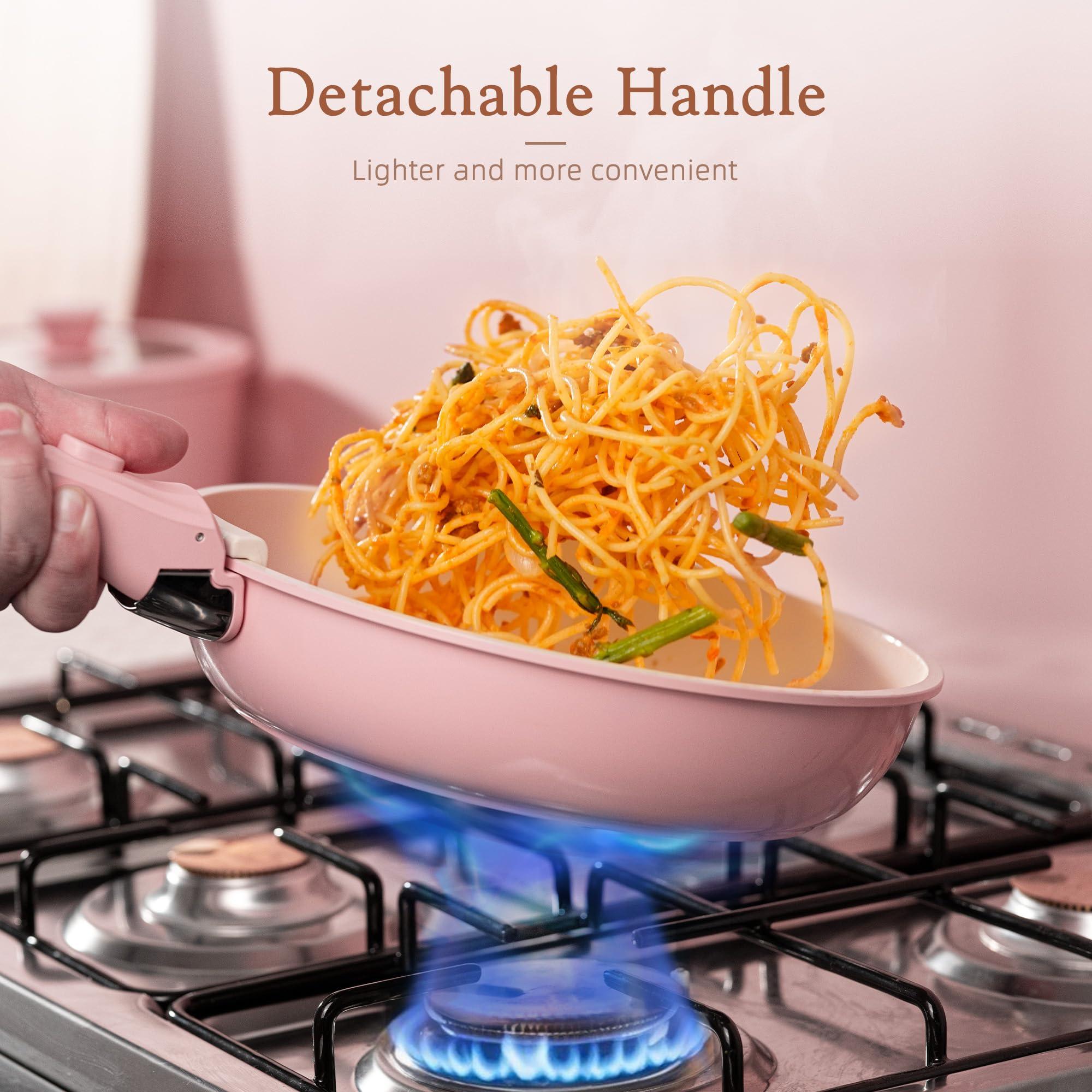 Astercook 21 Pcs Pots and Pans Set Non Stick, Ceramic Cookware Set Detachable Handle, RV Kitchen Cooking Set Removable Handles, Oven Safe, Induction Ready, Stackable Non-stick Set, Pink - Image 4