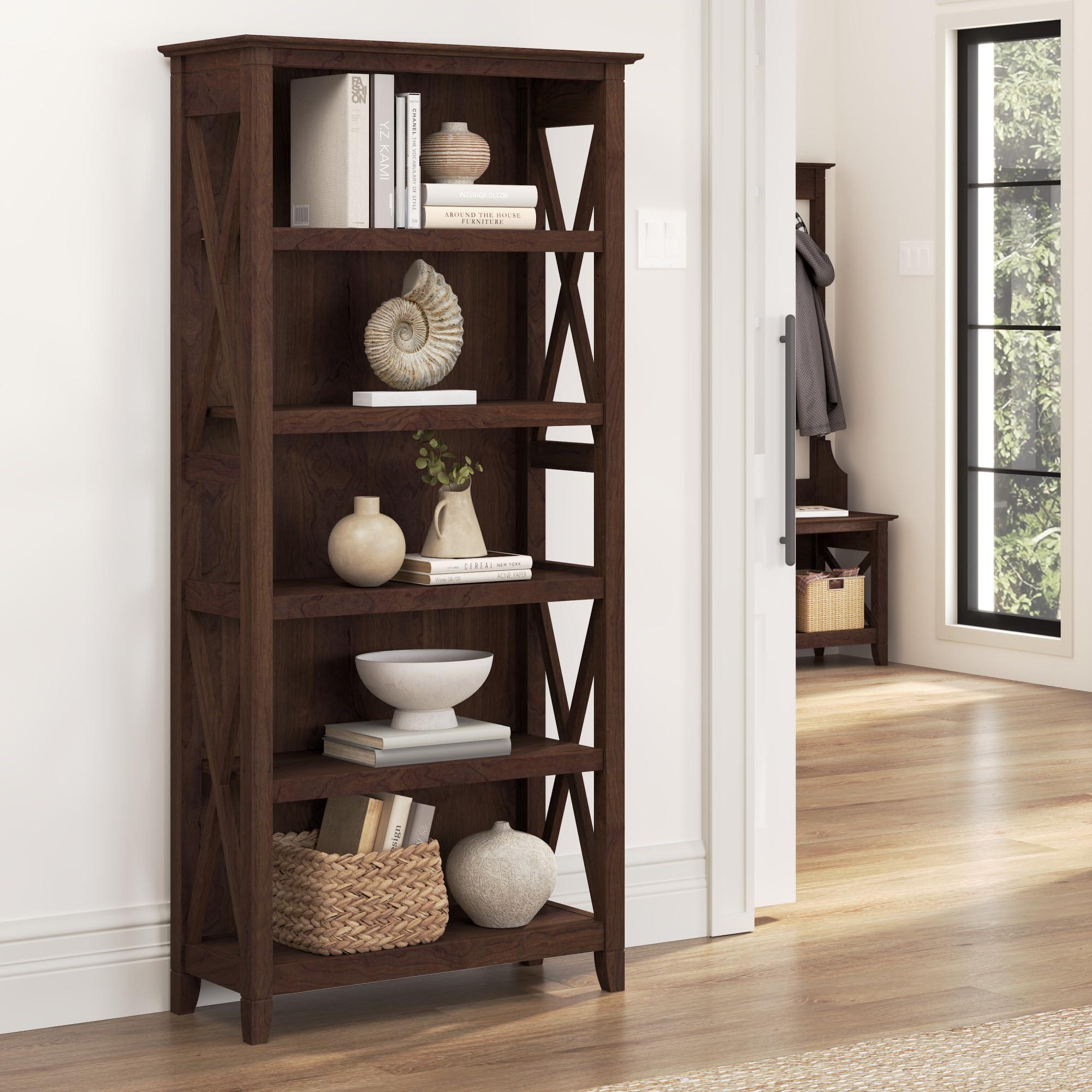 Bush Furniture Tall 5 Shelf Bookcase for Living Room or Home Office, Large Bookshelf, Modern Farmhouse Style, Key West Collection, Bing Cherry - Image 2