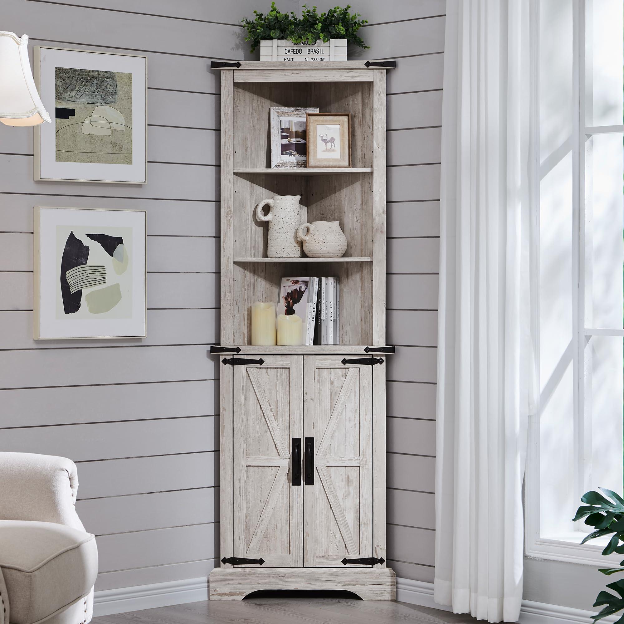 OKD Tall Corner Cabinet, Farmhouse Storage Cabinet with Barn Door Design & Adjustable Shelves, Home Space Saver for Bathroom, Living Room, Antique Brush White