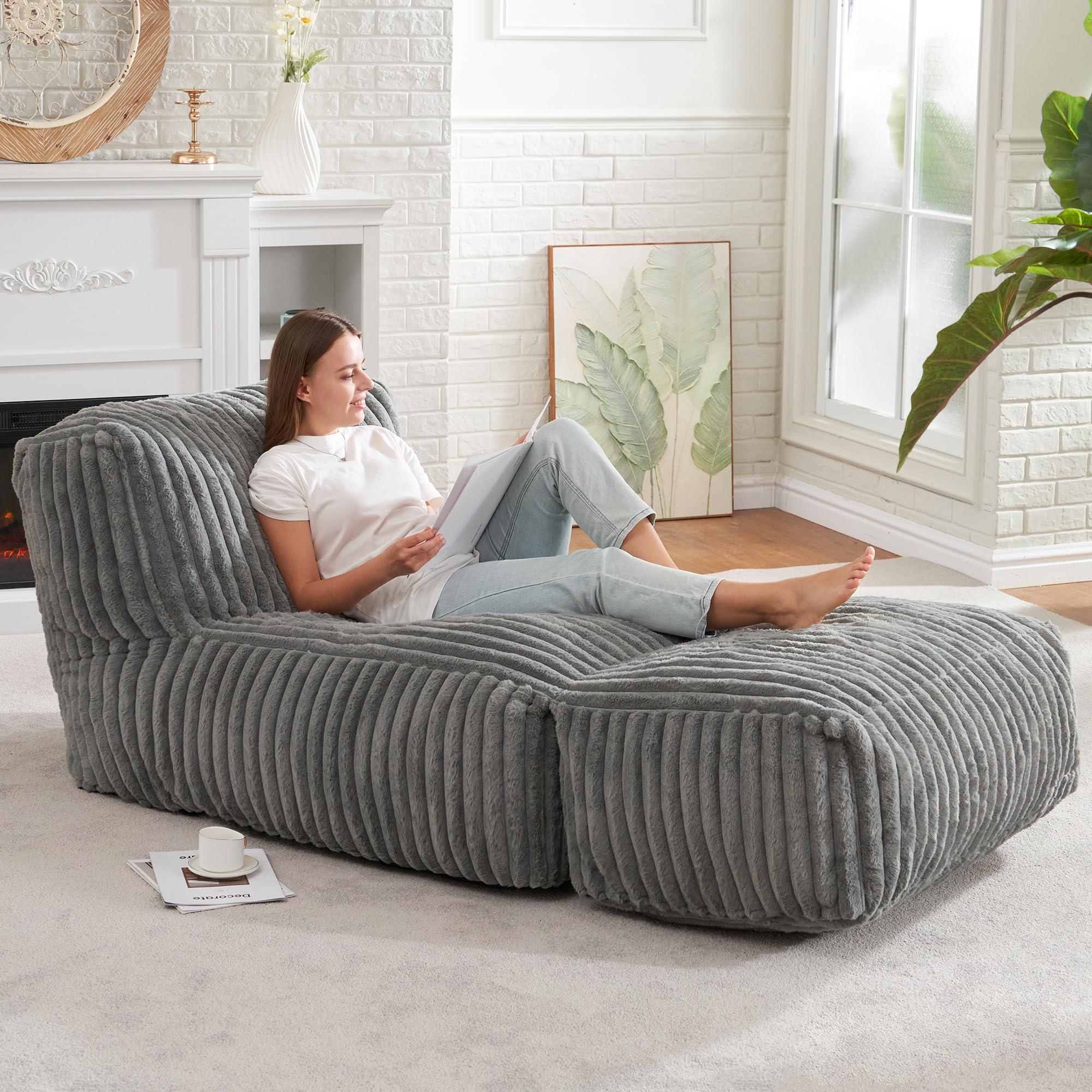 Hobestluk Big Bean Bag Lounger Chairs Large Beanbag Chair for Adults Bean Bag Sofa with Memory Foam Filled for Living Room, Bedroom or Balcony (Grey)