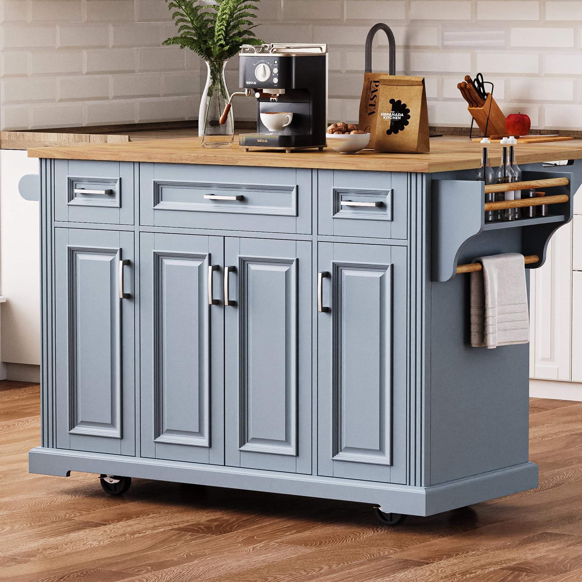 Ball & Cast Large Kitchen Island with Rubber Wood Drop Leaf,Embossed Texture Rolling Kitchen Cart On 4 Wheels W/4 Doors&3 Drawers,Mobile Kitchen Islands W/Storage for Kitchen,Dining Room,Grey Blue,54"