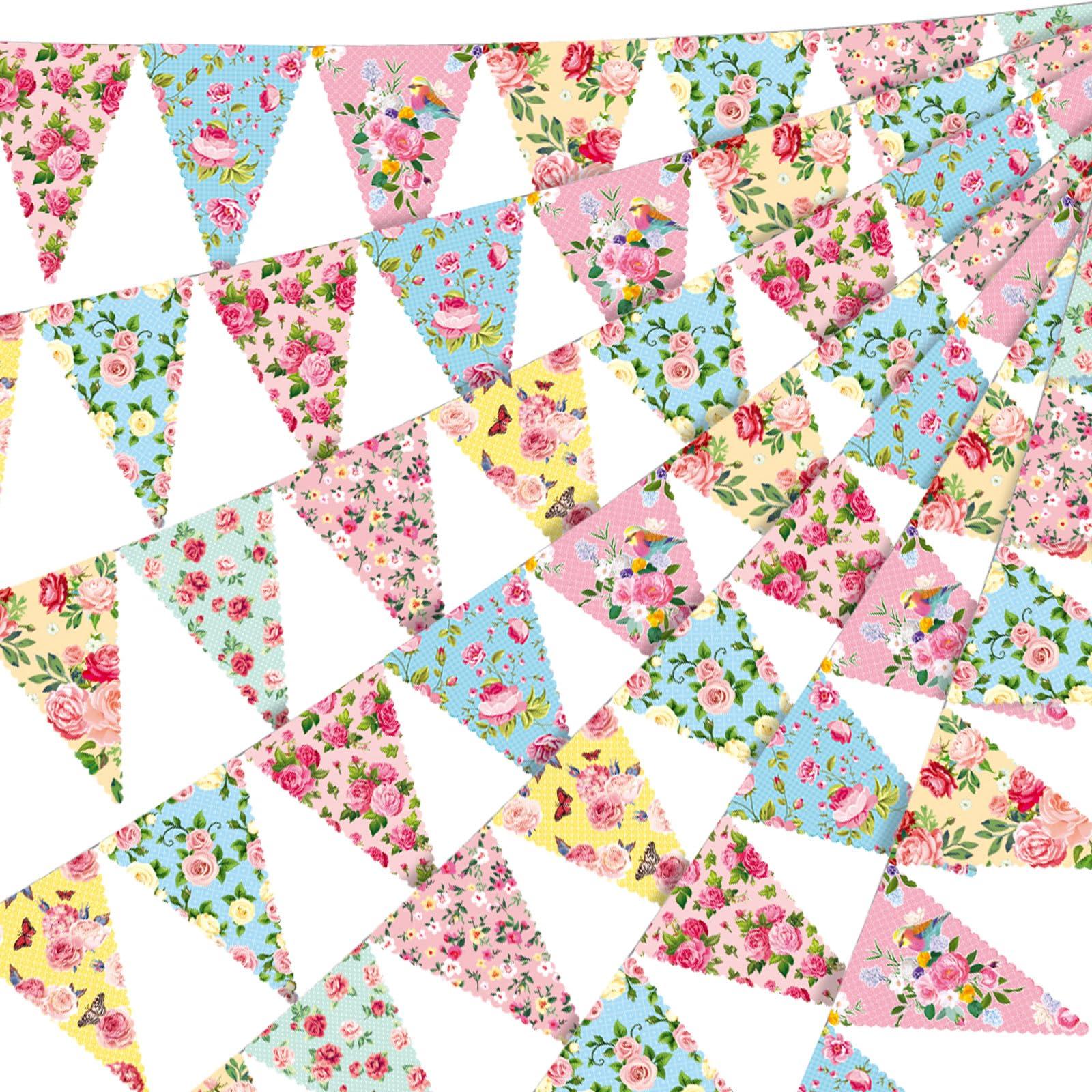 Faccito 49 ft 60 Pcs Tea Floral Party Paper Bunting Decor Outdoor Bunting Banner Floral Pennant Banner Tea Party Birthday Supplies for Wonderland Garden Baby Shower Bridal Wedding Bedroom - Image 1