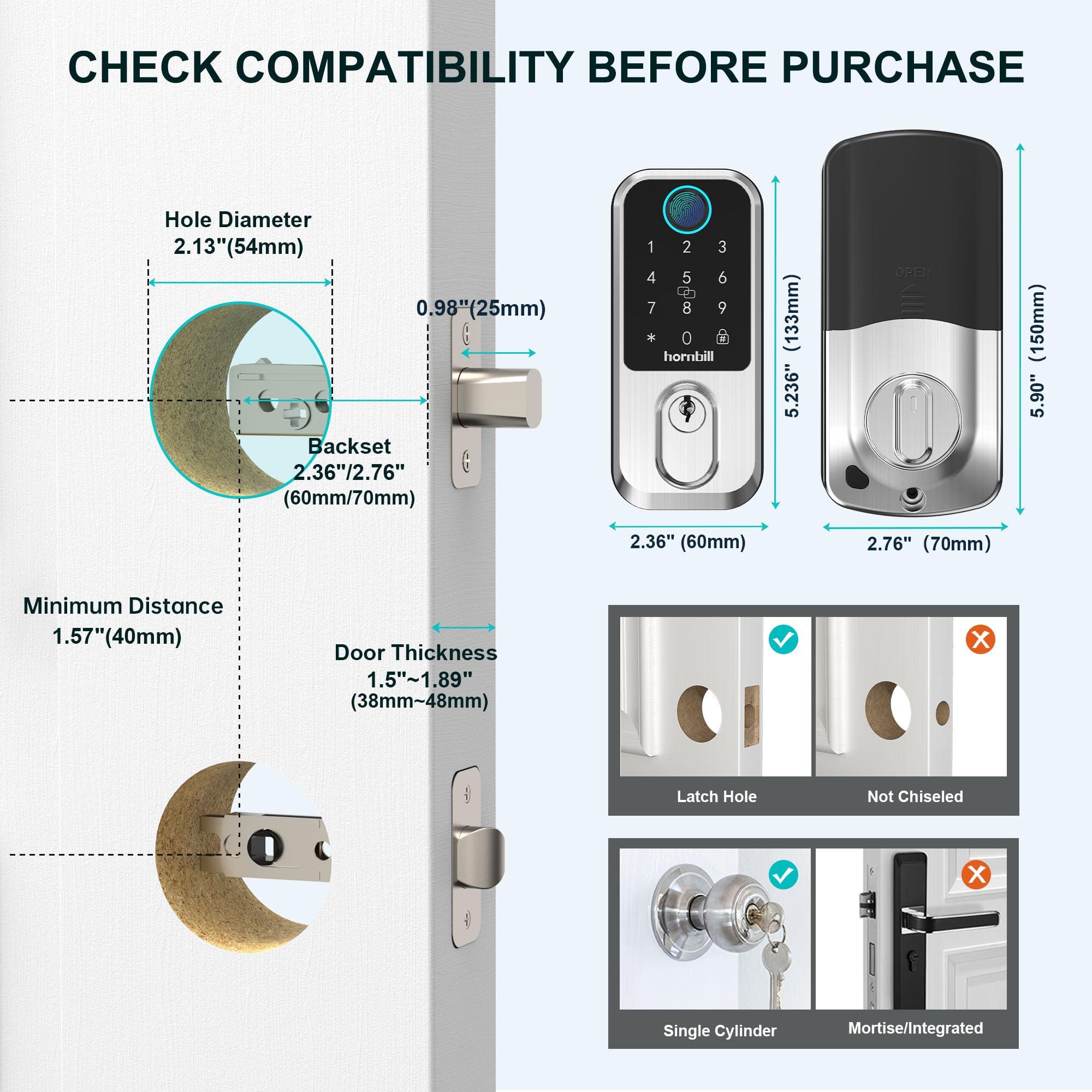 Wi-Fi Smart Deadbolt Keyless Entry: 9-in-1 Hornbill Smart Lock for Front Door, Smart Deadbolt Lock, Electronic Keypad Code Fingerprint Unlock, Works with Alexa for Home Office Hotel, Satin Nickel - Image 8
