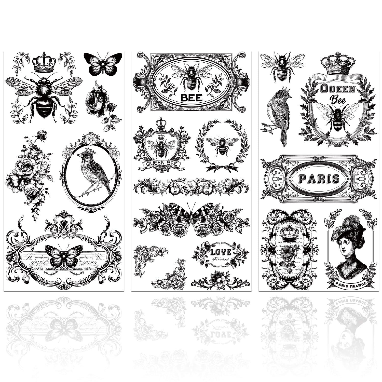 GLOBLELAND 3Pcs Vintage Insect Label Frame Furniture Transfer 6x12inch Birds Wreath Rub on Transfer Self-Adhesive Wall Art Decals for Bedroom Living Room Desk Table Decoration