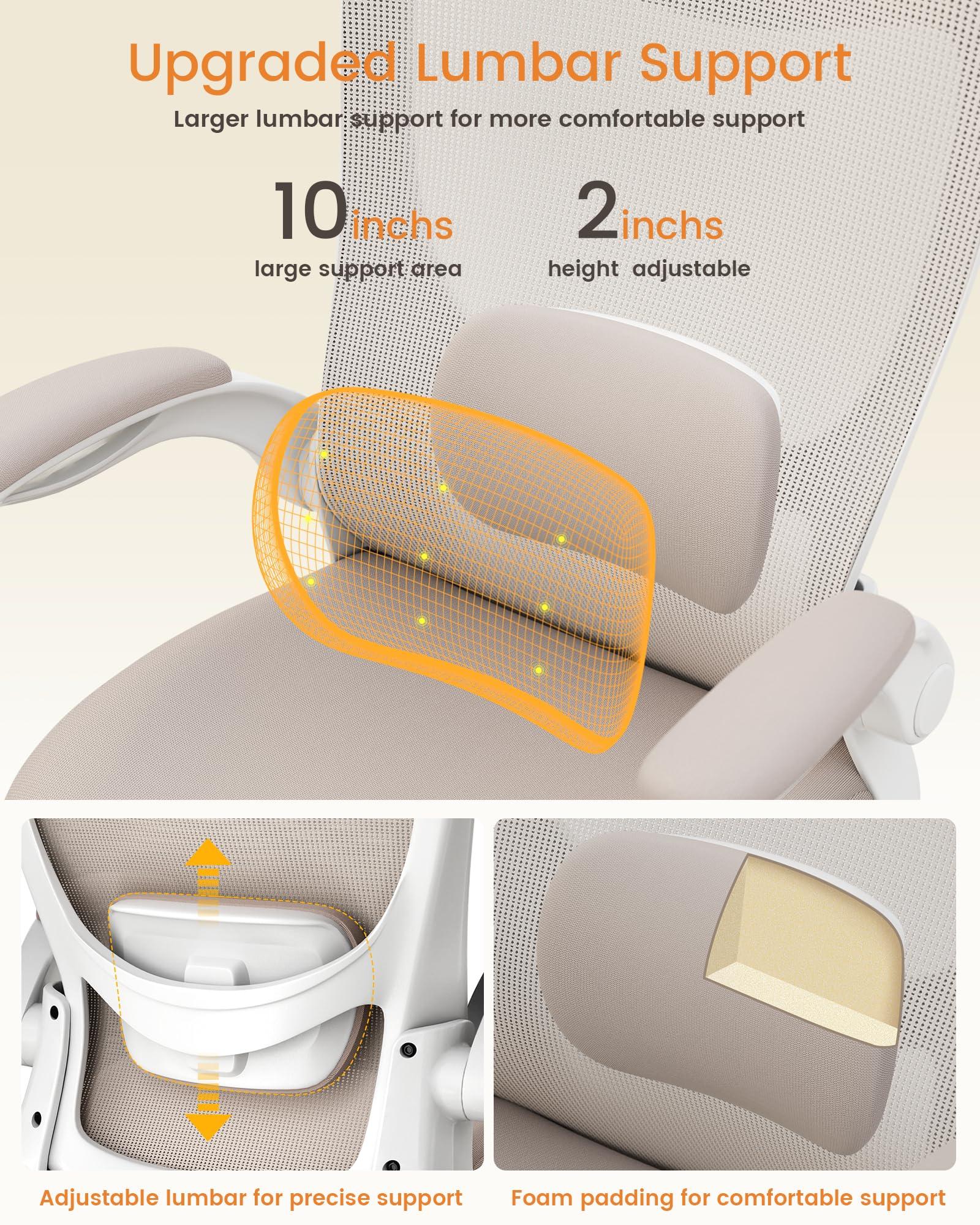 MUXX.STIL Office Chair, Ergonomic Desk Chair with Adjustable Lumbar Support and Flip up Armrest, Breathable Mesh Computer Chair for Home Office, Khaki - Image 4