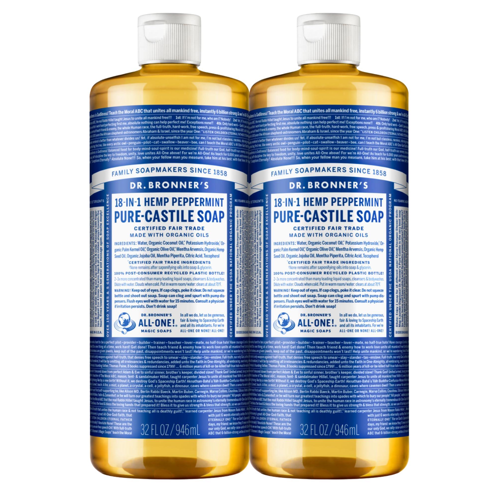 Dr. Bronner's Pure-Castile Magic Liquid Soap Made with Organic Oils Soap Liquid for Body, Face, Hair, Dishes, Pets, Laundry Natural, Vegan, Soap - Peppermint, 32 oz (2-Pack)