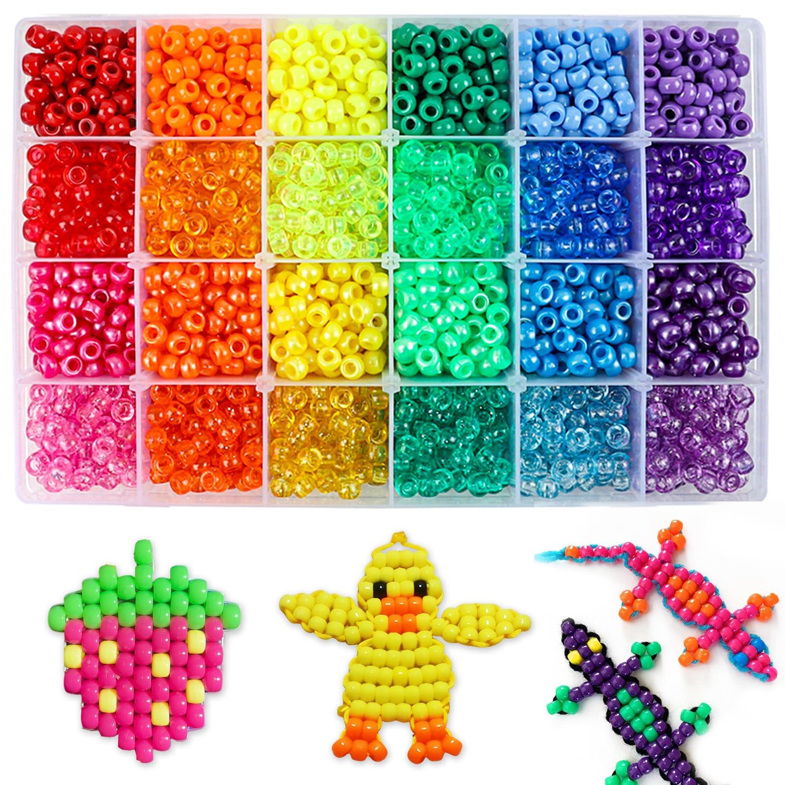 Quefe 2880pcs Pony Beads Kit, Kandi Beads for Hair, Rainbow Beads Plastic Bead for Craft 6 x 9mm 24 Colors 4 Styles Large Hole Beads Set for Bracelets Jewelry Making
