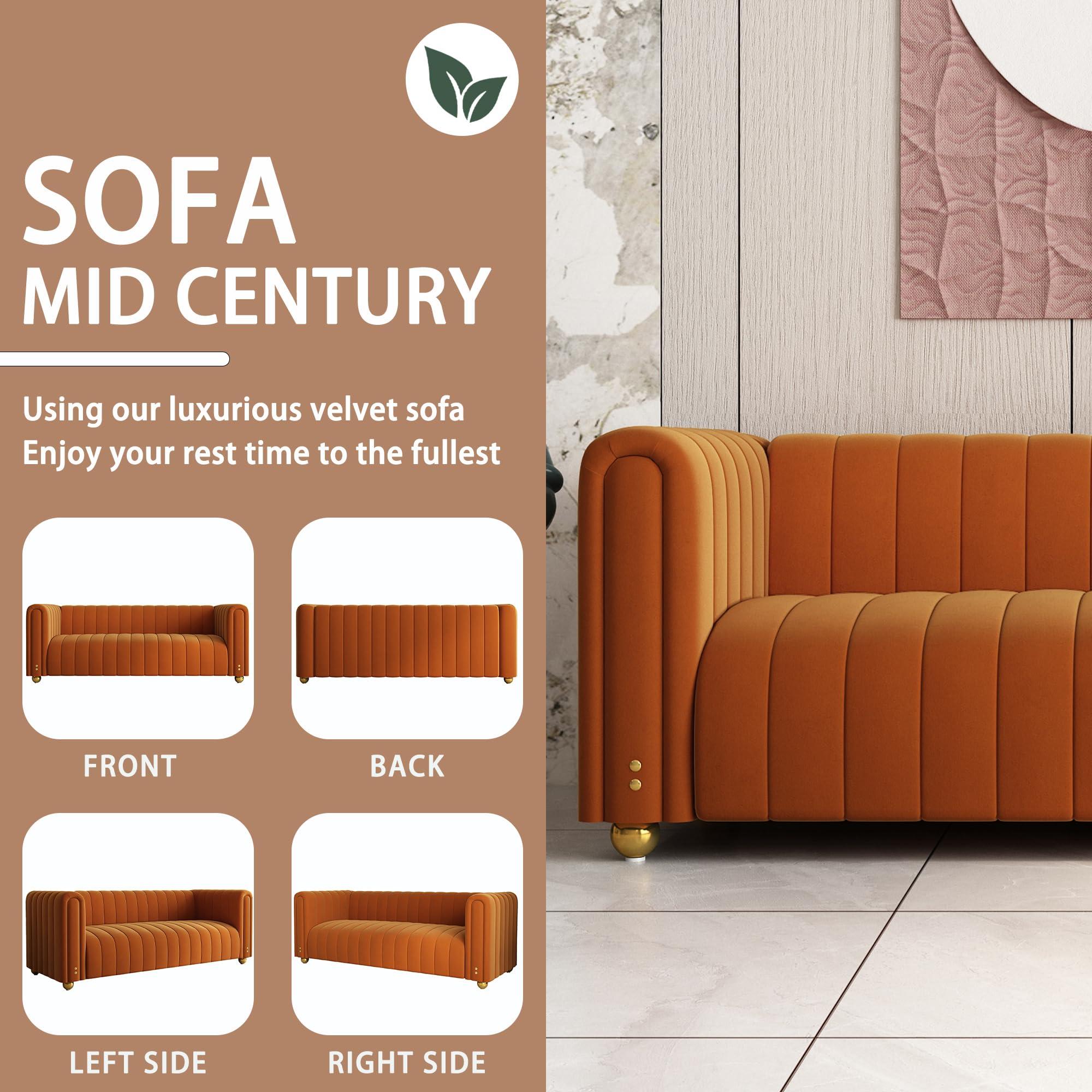 BuLaXong 81" Mid Century Modern Velvet Sofa, Loveseat 3 Seat Comfy Couch for Living Room, Orange Tufted Velvet Couch with Gold Metal Sphere Legs, Luxury Modern Sofa for Room Office Apartment - Image 4