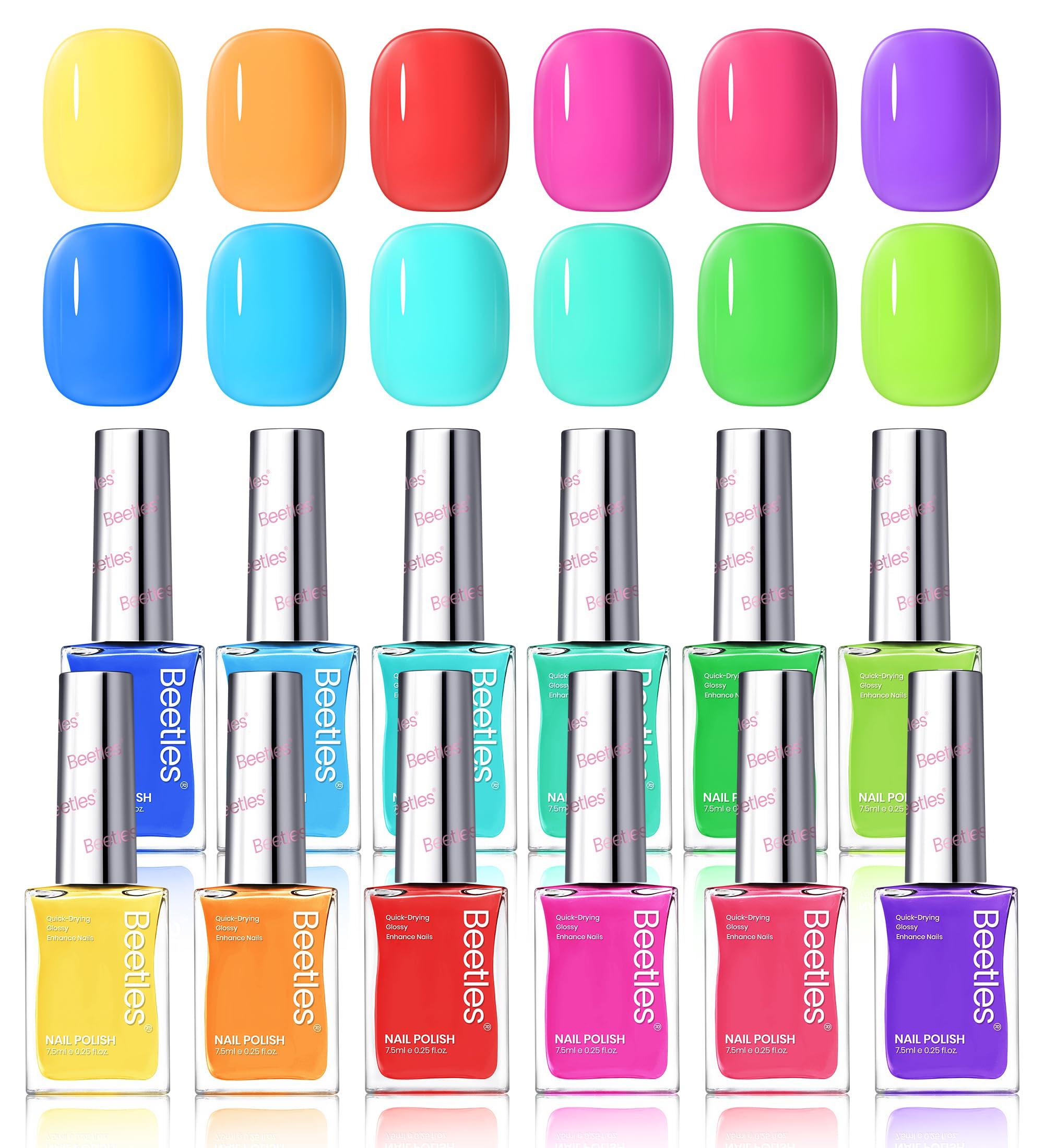 Beetles Neon Nail Polish Set - Quick Dry Nail Polish Kit 12 Colors Hot Pink Green Blue Yellow Red Regular Air Dry Fingernail Polish Pack for Women Gift Beetles Summer Cocktails 12 Colors