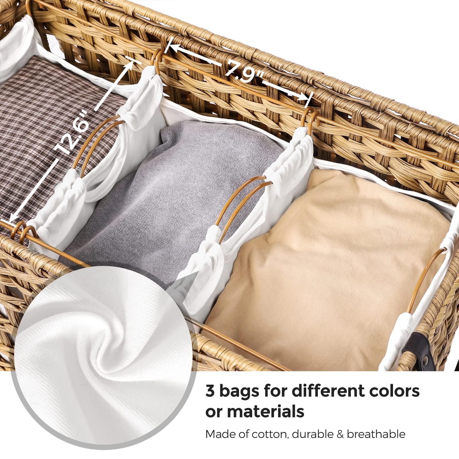 SONGMICS Laundry Hamper with Lid, 140L Synthetic Rattan Laundry Basket with Wheels, Clothes Hamper with 3 Removable Liner Bags, 3-Section Hampers with Handles, Laundry Room, Natural ULCB083N01 - Image 5