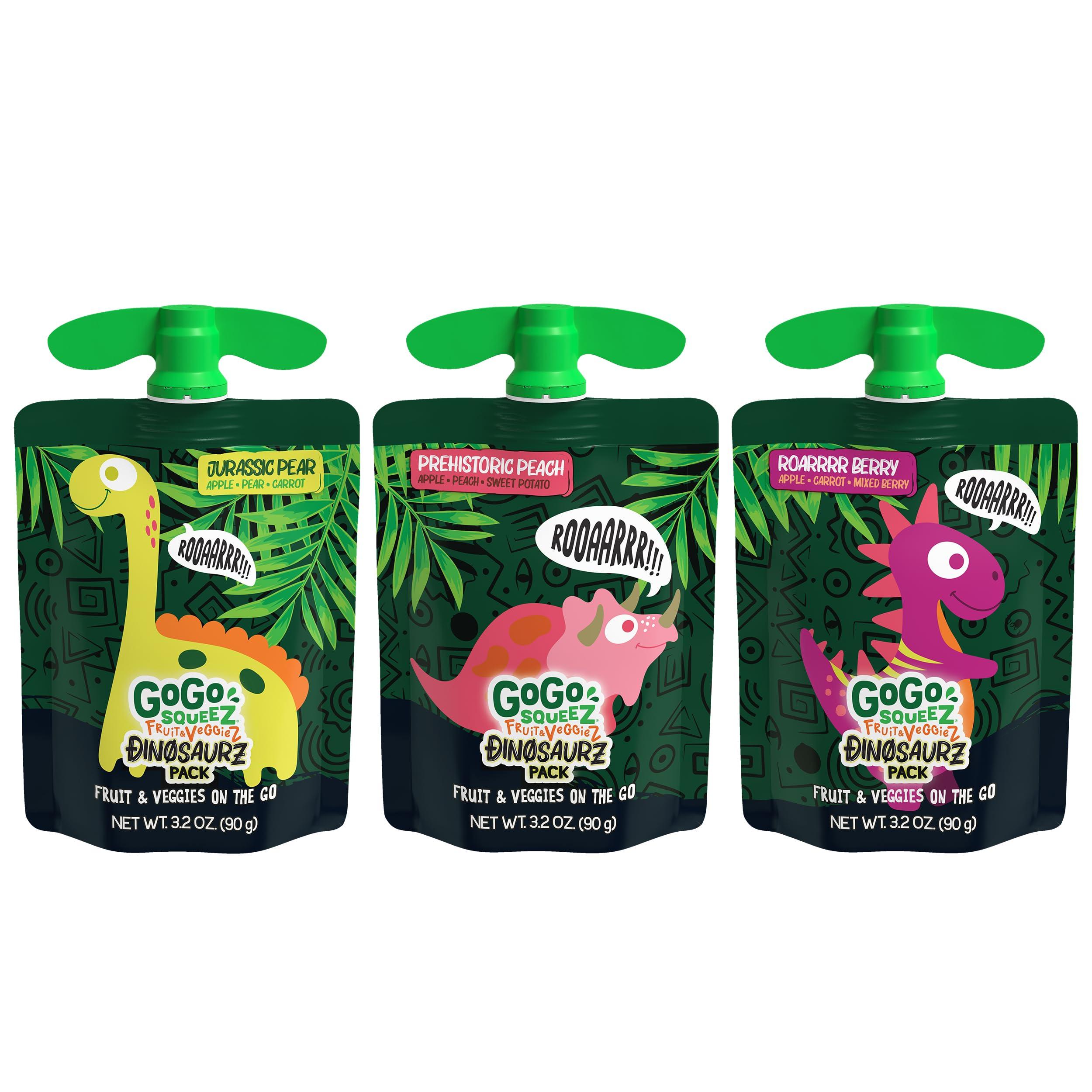GoGo squeeZ Fruit & veggieZ Applesauce and Puree Variety Pack, Jurassic Pear, Roarrrr Berry & Prehistoric Peach, 3.2 oz (Pack of 20), Unsweetened Snacks for Kids, BPA Free Pouches - Image 6