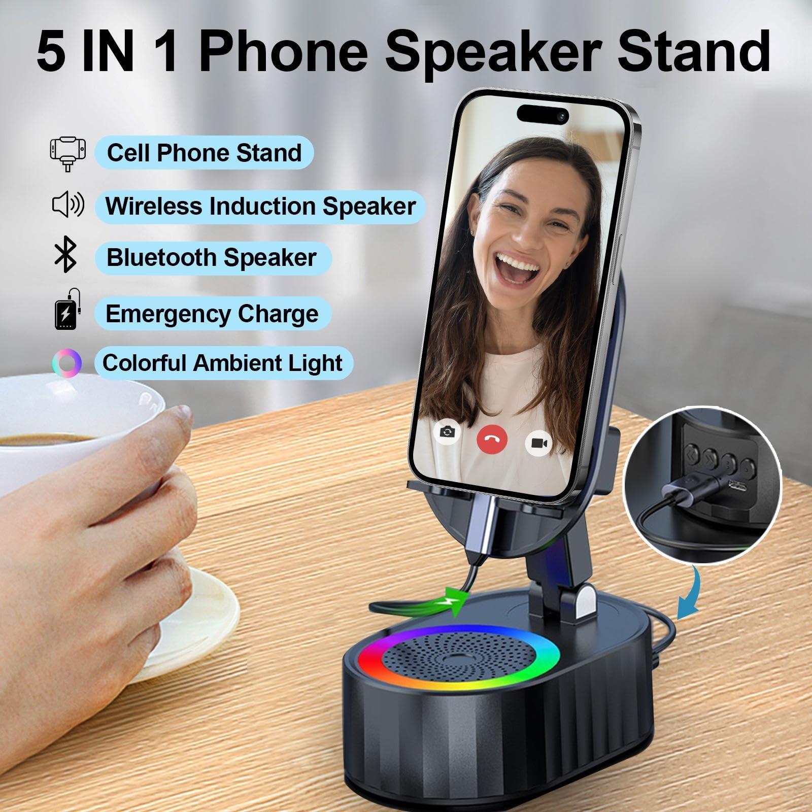 AKLLCCR Wireless Induction Audio Bluetooth Speaker 5in1 Phone Holder Emergency Rechargeable (3000mAh) with Colorful Ambient Light 300° Foldable for Tablet iPhone Android, Gifts for Men Women (Black) - Image 3