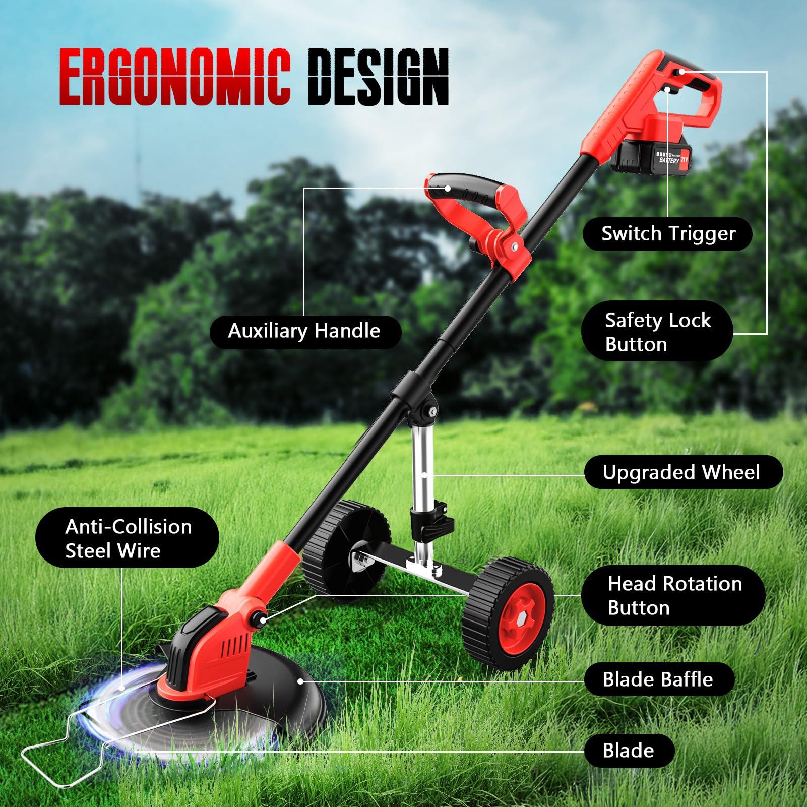 20000 RPM Electric Weed Wacker with Wheel,12″ Brushless Cordless Weed Eater Battery Powered, 4-in-1 Brush Cutter/String Trimmer/Grass Trimmer/Lawn Mower,Edger Stringless Weed Trimmer,5 Blade,2 Battery - Image 9