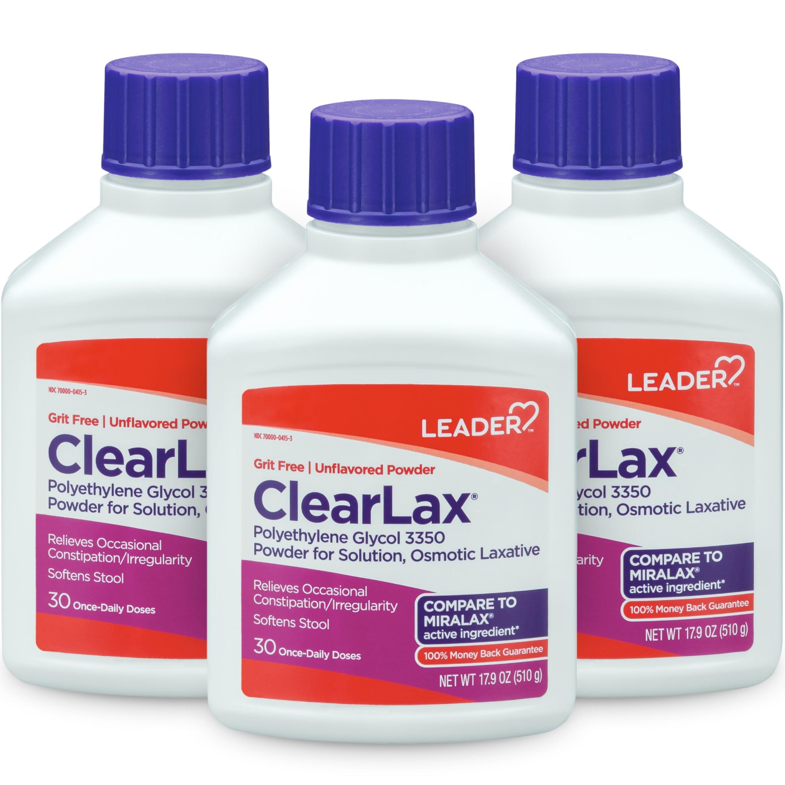 Leader ClearLax Laxative Powder for Gentle Constipation Relief, Grit-Free, Polyethylene Glycol, Osmotic Laxative, Stimulant-Free, Softens Stool, 30-Day Supply, 17.9 Ounce, 30 Doses (Pack of 3)
