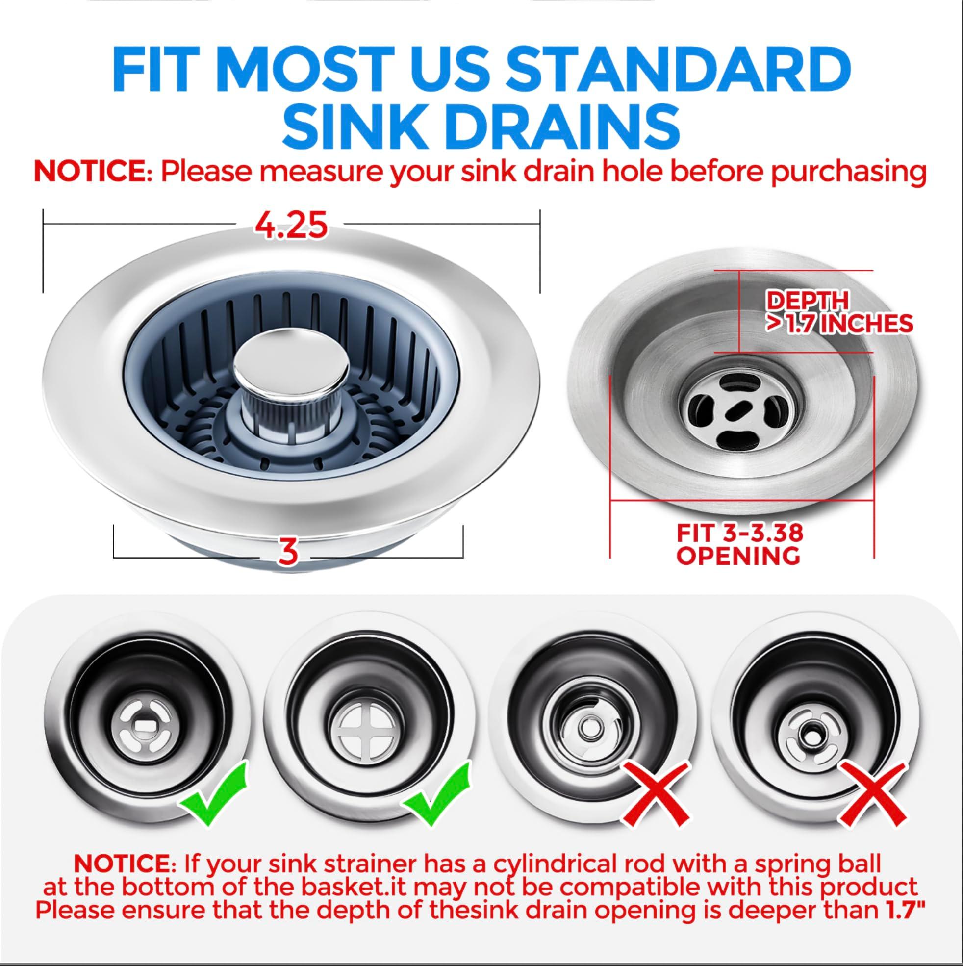 Upgraded 3in1 Kitchen Sink Drain Strainer & Sink Stopper, Stainless Steel Kitchen Drain Plug & Sink Installation Parts with Anti-Clogging Basket, Fit US Standard 3-1/2'' Sink Drain Hole, Silver - Image 4