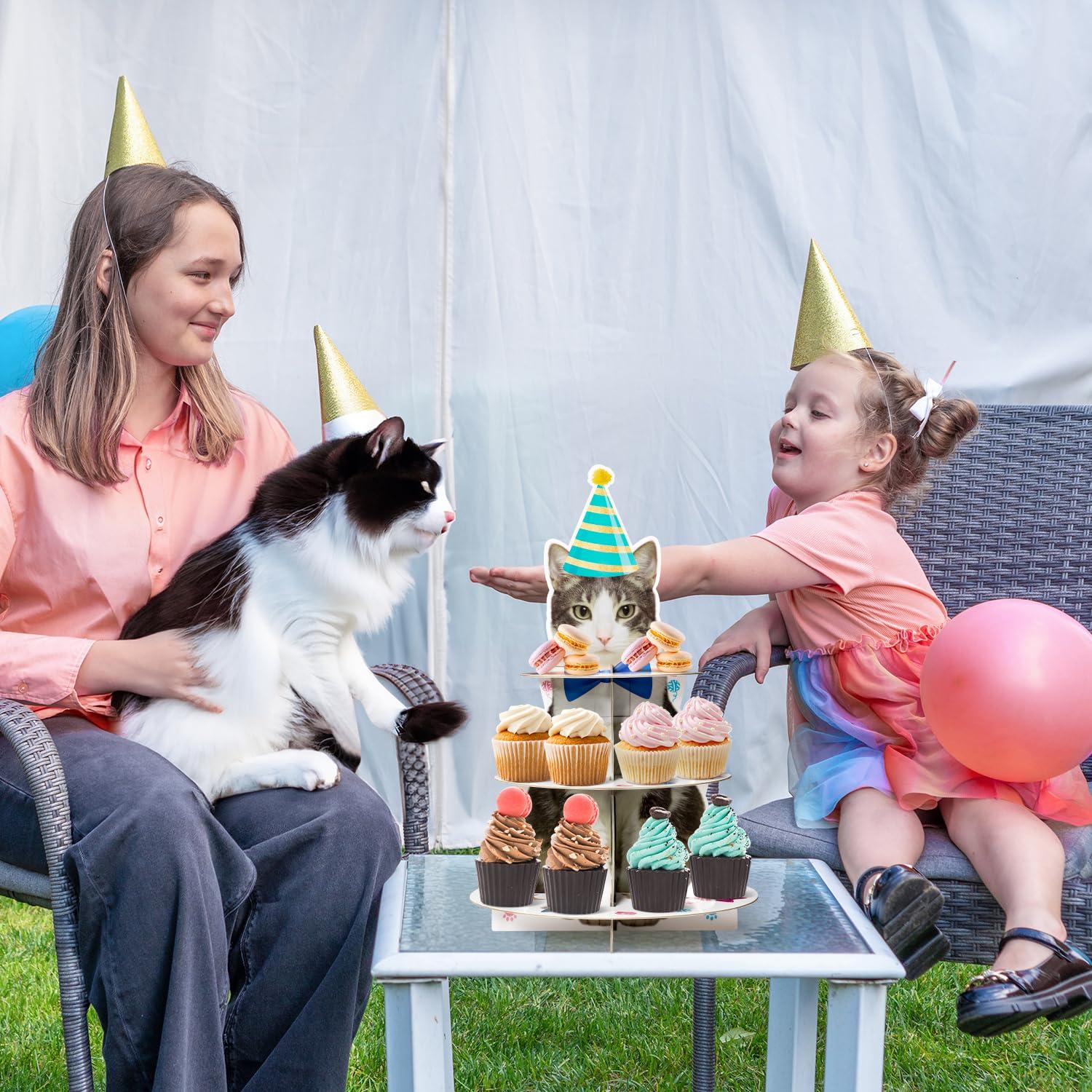 Haooryx Cute Cat Cupcake Stand - 3-Tier American Shorthair Cat Cupcake Tower Cardboard Dessert Holder Cake Stand Serving Tray Cat Theme Party Table Decoration Pet Lovers Kids Birthday Party Supplies - Image 7