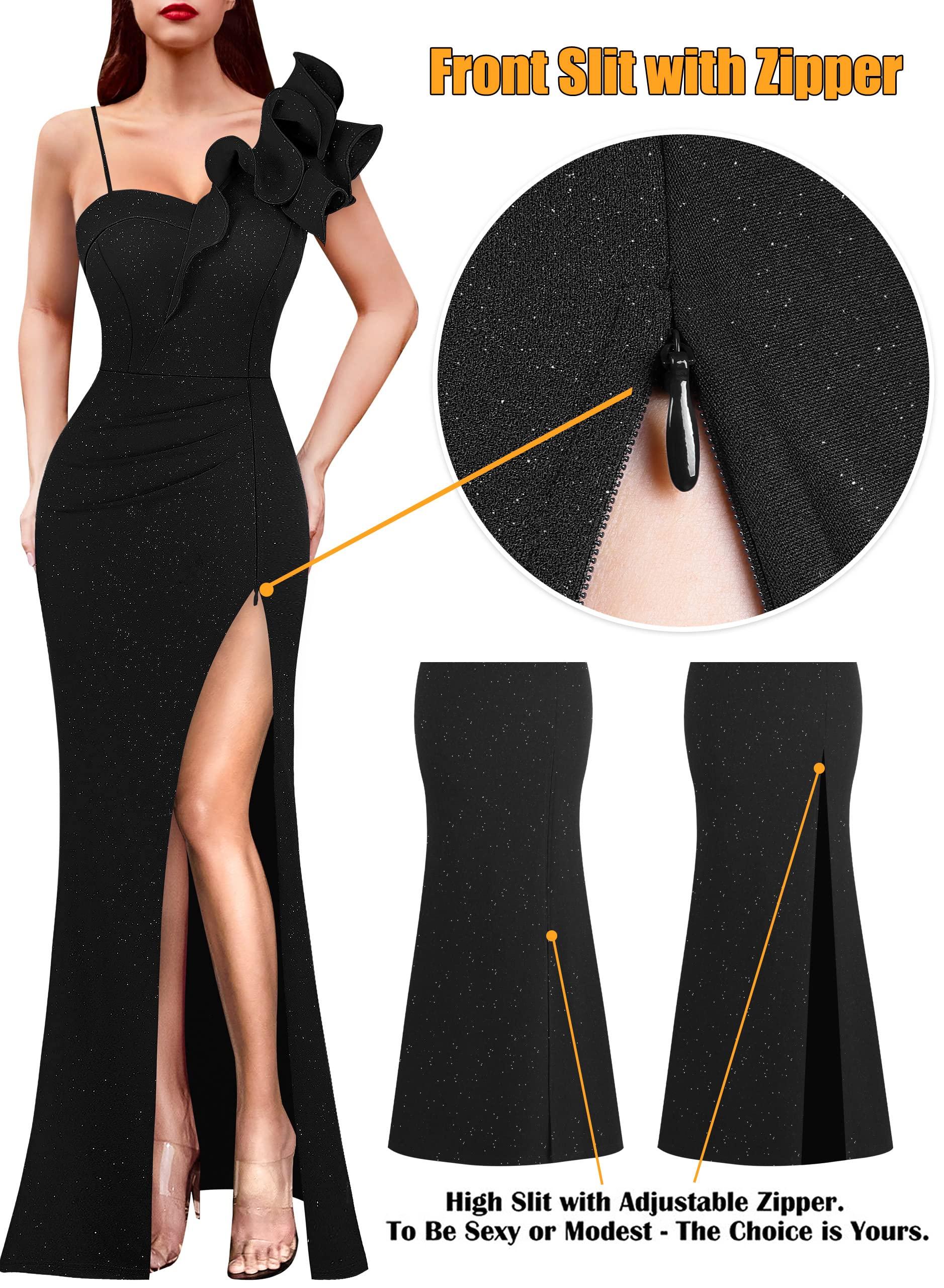 VFSHOW Womens Ruffle One Shoulder Strap Ruched Formal Prom Wedding Maxi Dress V Neck Elegant Split Cocktail Evening Long Gown - Image 4