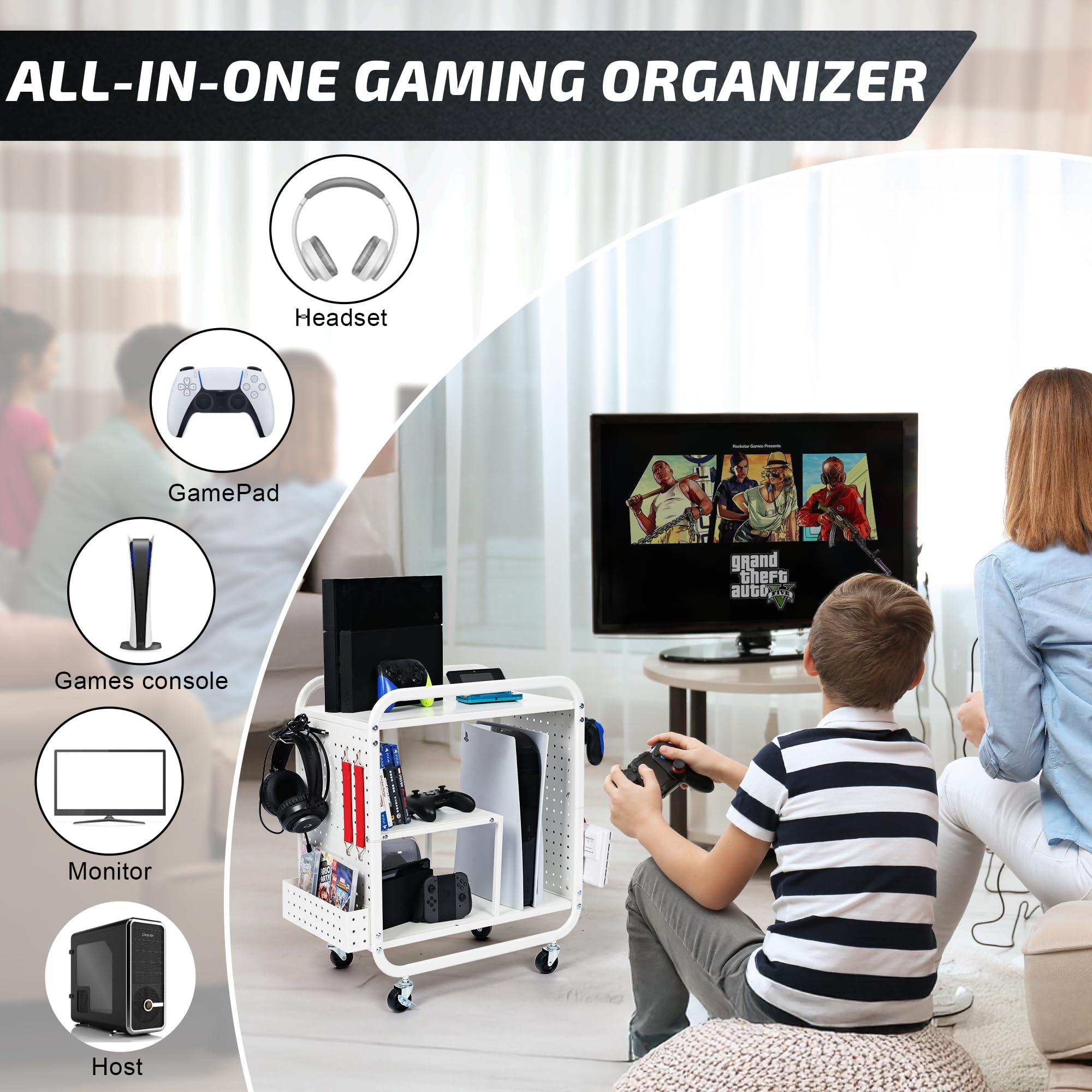 PLKOW Video Game Organizer, Rolling Video Game Storage Rack for Xbox/Switch/PS4/PS5 Accessories, Game Consoles Stand Controllers Holder, Perfect Holiday Present (White) - Image 4