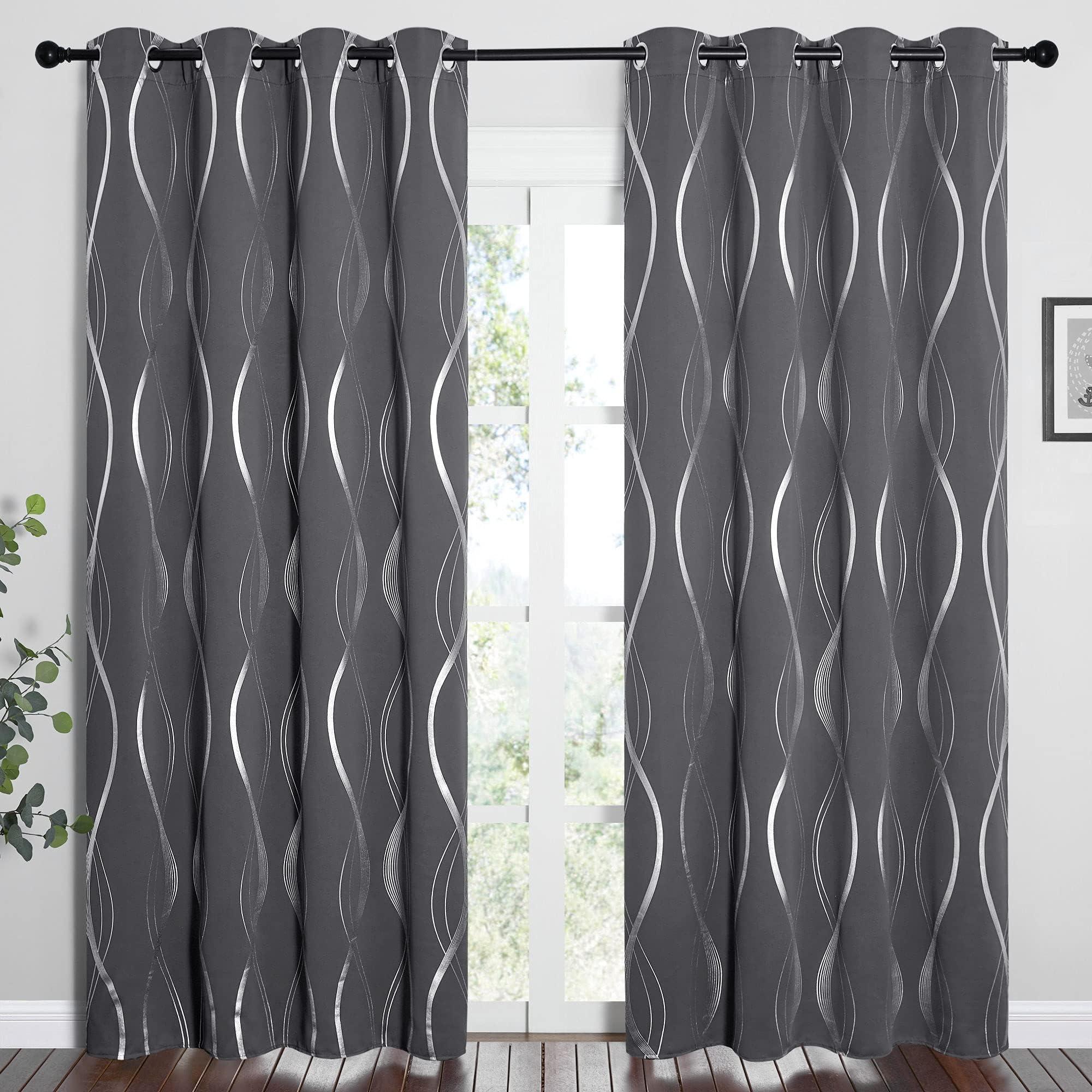 NICETOWN Grey Blackout Curtains for Bedroom/Living Room 84 inch Length 2 Panels Set, Noise Reducing Thermal Insulated Wave Line Foil Print Drapes for Patio Sliding Glass Door (52 x 84) - Image 2