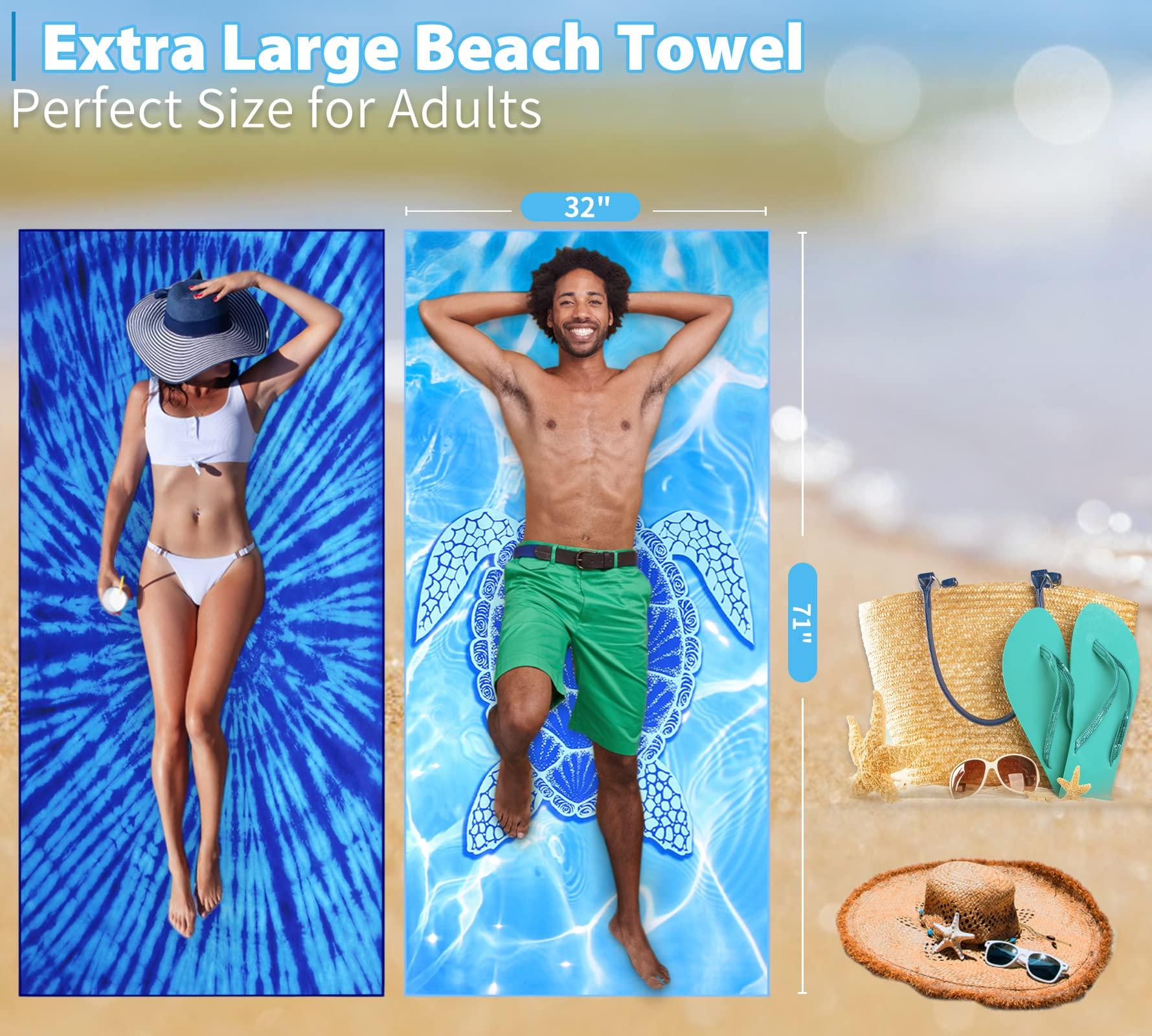 2 Pack Lightweight Thin Beach Towel Oversized 71"x32" Big Extra Large Microfiber Sand Free Towels for Adult Quick Dry Travel Camping Beach Accessories Vacation Essential Gift Blue Tie Dye Turtle - Image 2