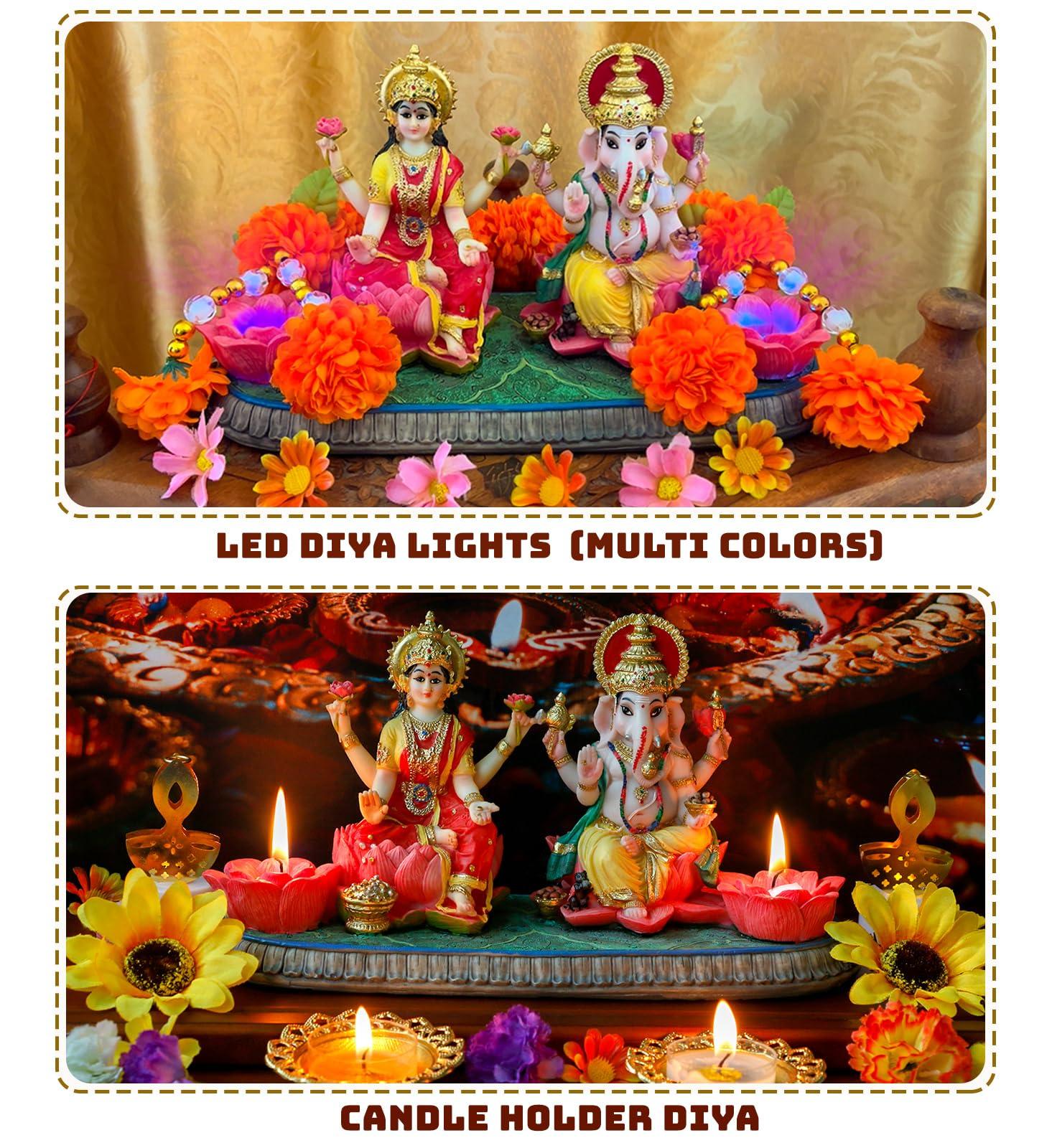 Indian God Ganesha Lakshmi Statue - 5.3”H Indian Idol Laxmi Ganesh with LED Diyas for Diwali Gifts Decor Home Office Mandir Temple Altar Puja Item Hindu Murti Pooja Sculpture - Image 3