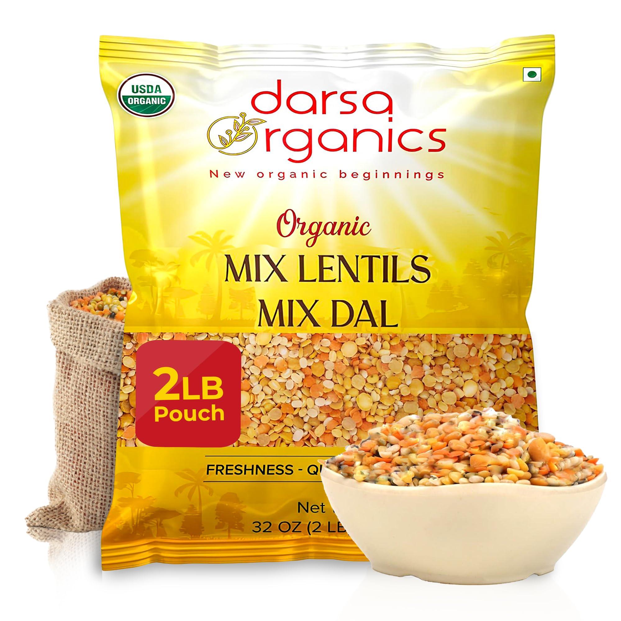Darsa Organics Mix Lentils 2 lb – USDA Organic, Non-GMO, Kosher Mixed Dal – High Protein Indian Red Lentil Blend for Soup, Stews, Curry & Snacks – Chemical-Free, Premium Quality, Food-Grade Packaging