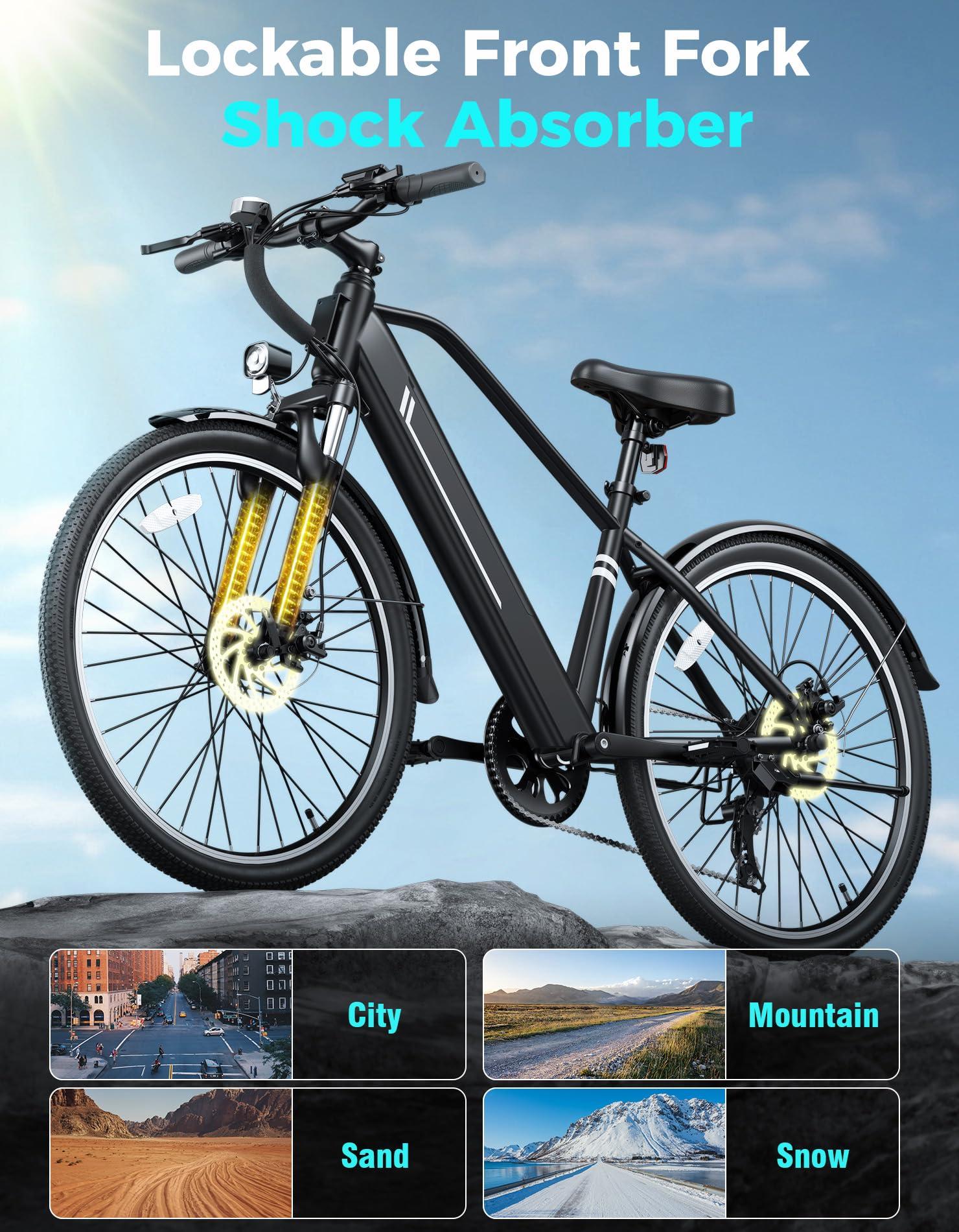 YOLOWAY Electric Bike for Adults, 26" Up to 1000W Peak Motor Ebike 45+ Mile Range Brushless City Ebike, 25Mph 7-Speed Commuter E-Bike with Removable 360Wh Battery for Commuting, Outdoor - Image 5