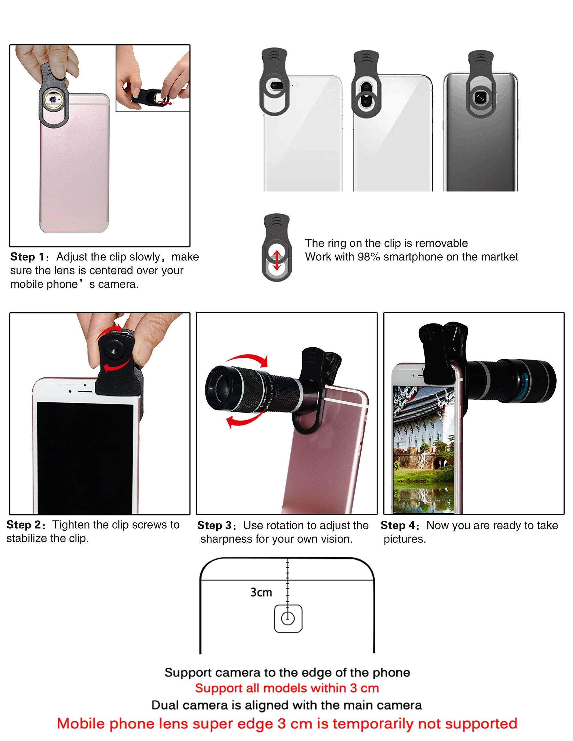 Cell Phone Camera Lens Kit,11 in 1 Universal 20x Telephoto 0.63Wide Angle 15X Macro 198°Fisheye 2X Telephoto Kaleidoscope CPL Starlight Eyemask Tripod,for Most iPhone Smartphone (Black) - Image 2