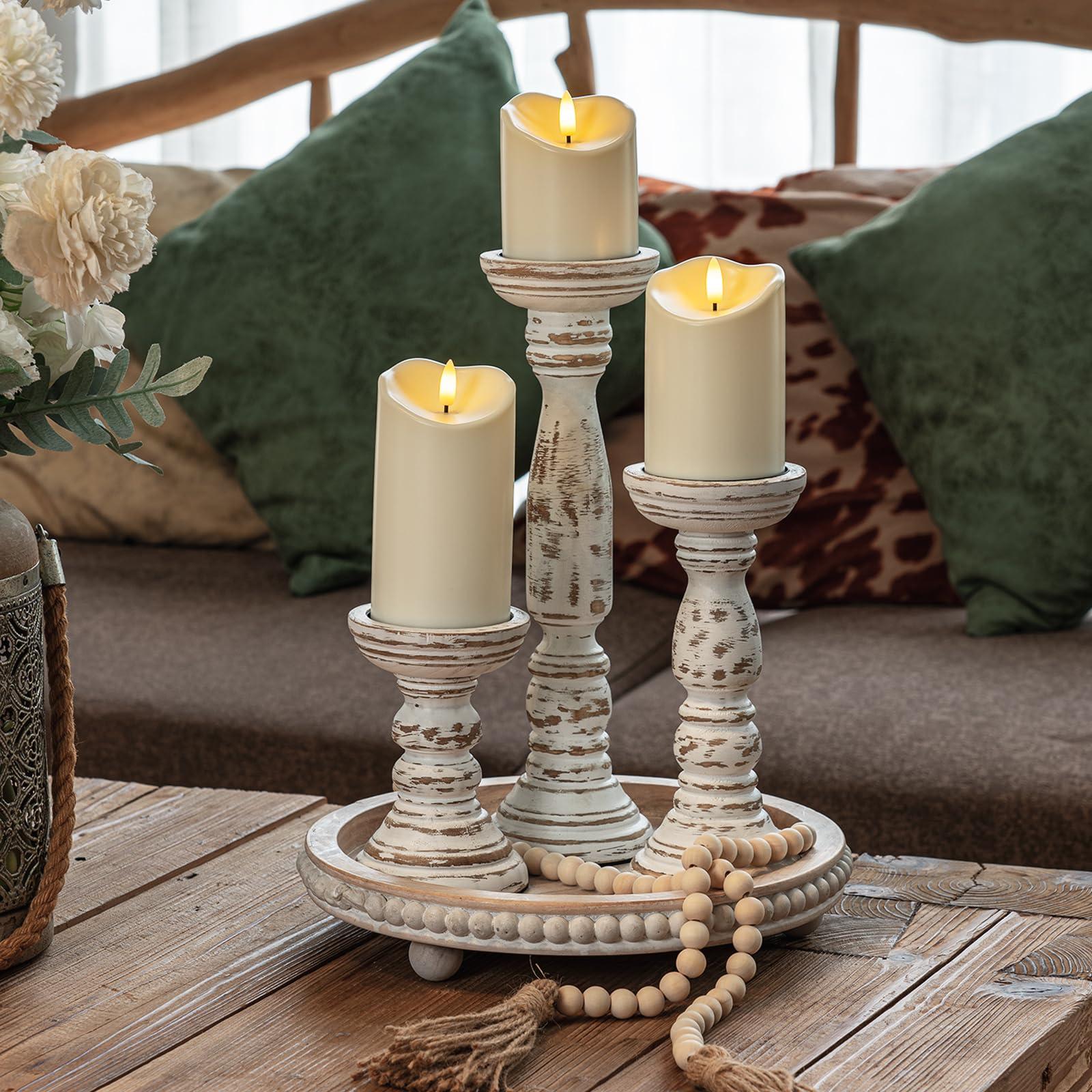 Homemory Farmhouse Wood Candle Holders for Pillar Candles Set of 3, Rustic Candle Holders for Table Centerpiece, 13" 9" 6" Vintage Tall Candle Stand Decorative for Dining Fireplace Living Room (White) - Image 4