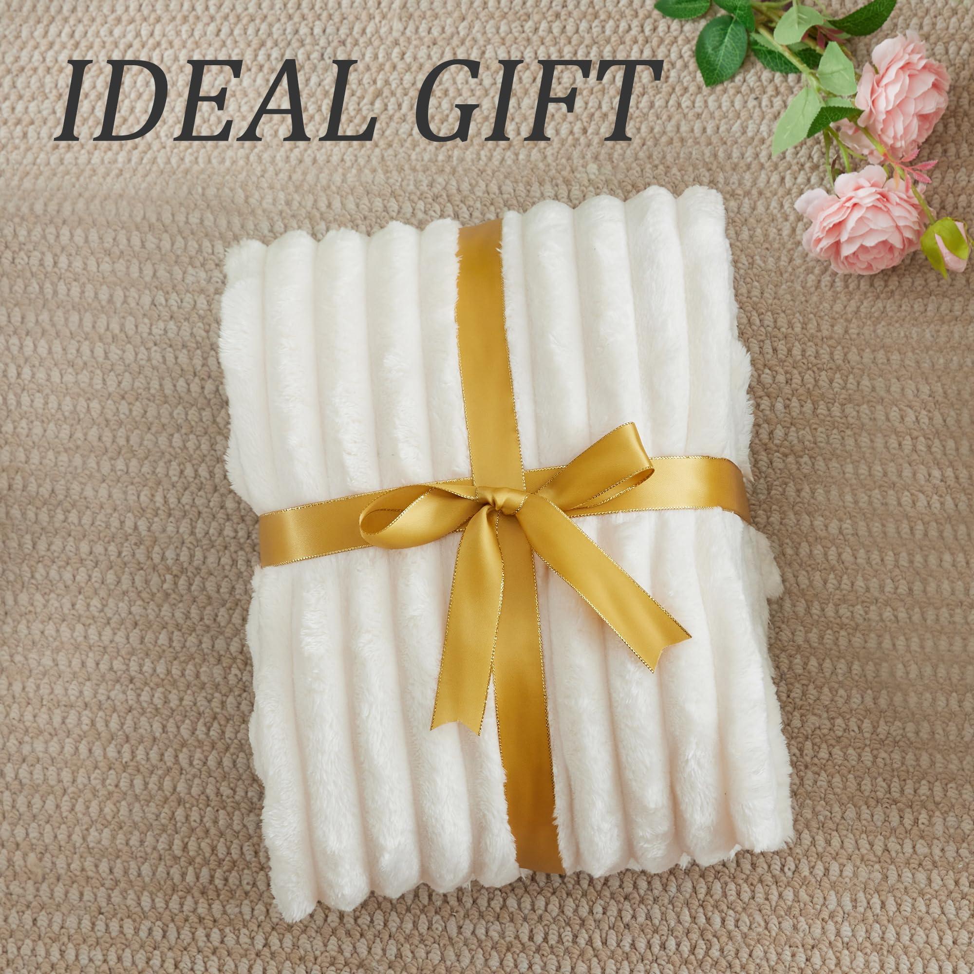 BEDELITE Fleece Throw Blanket for Couch - 300GSM Soft & Warm Fluffy Cream White Blanket, Decorative and Giftable Striped Blankets for Women, Men, 50"x60" - Image 6