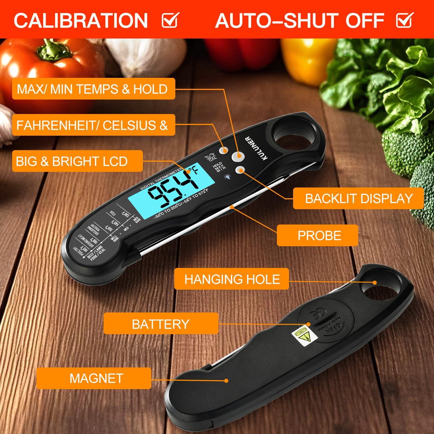 KULUNER TP-01 Waterproof Digital Instant Read Meat Thermometer with 4.6 Folding Probe Backlight Calibration Function for Cooking Food Candy, BBQ Grill, Liquids,Beef(Black) - Image 4