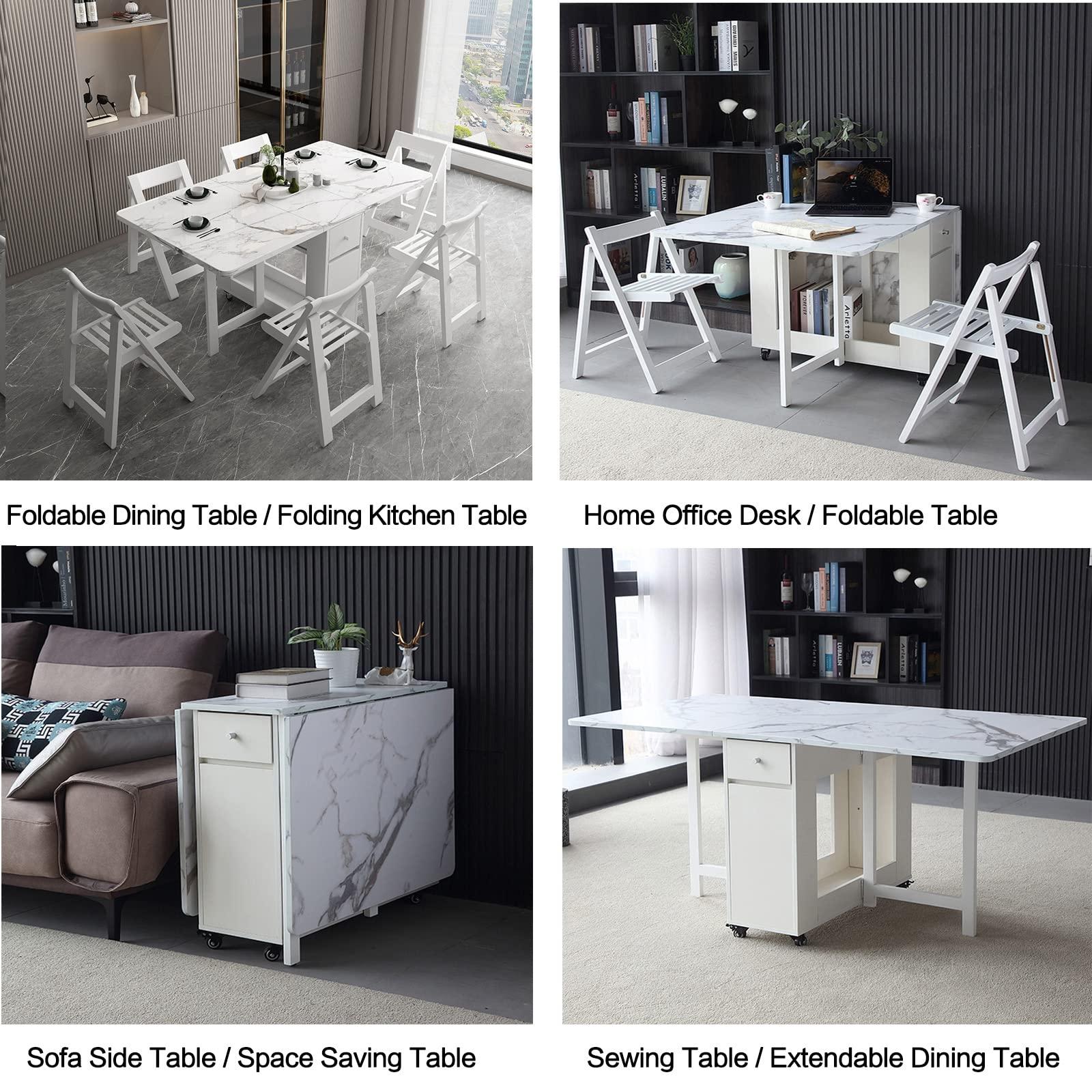 FUNROLUX Folding Dining Table with Rack and 2 Storage Drawers, Movable Extendable Space Saving Kitchen Table in 3 Forms (White) - Image 9