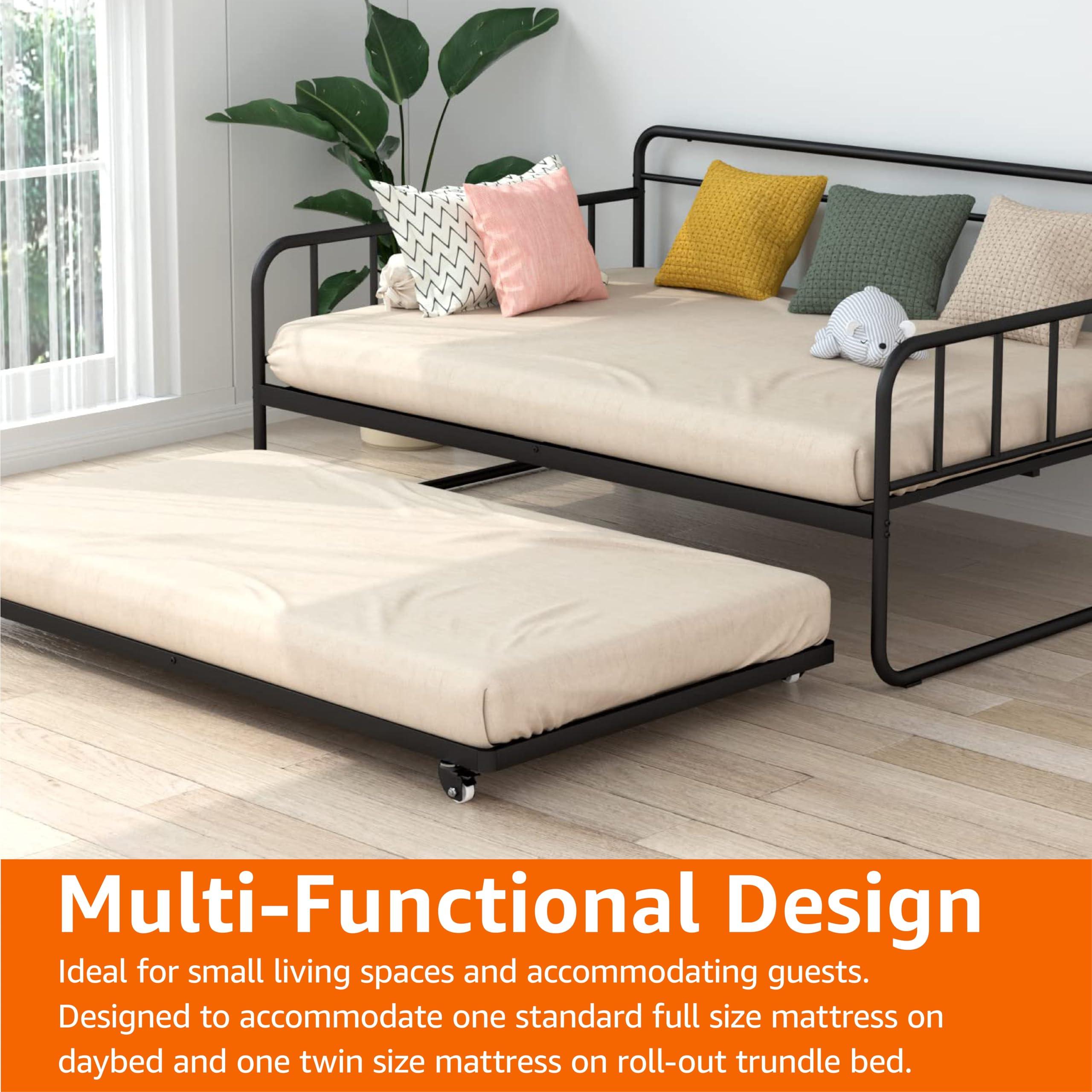 Amazon Basics Full Daybed and Twin Size Trundle Bed Frame Set, Space Saving Steel Slat Support, Black - Image 8