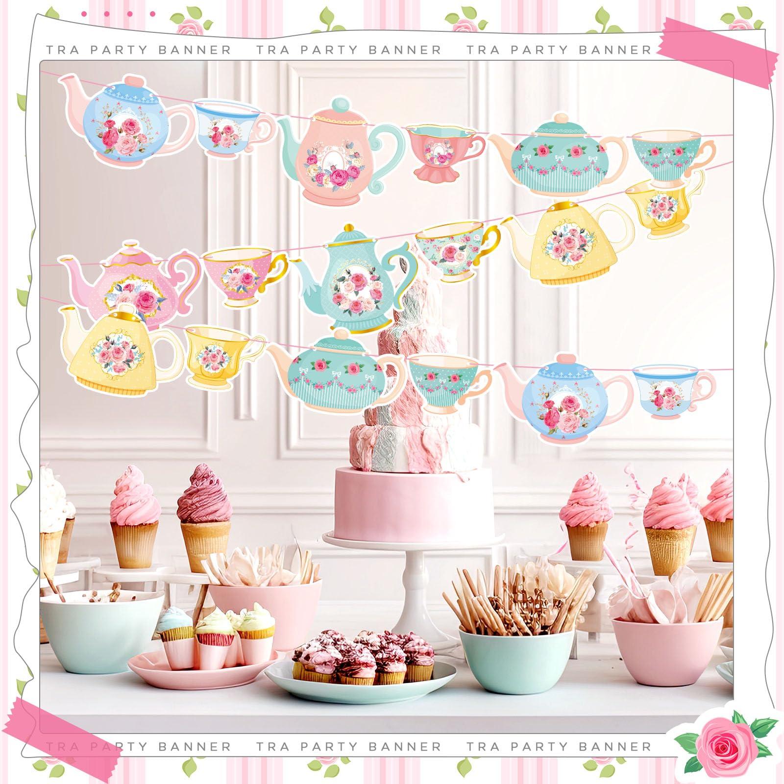 Faccito 5 Pcs Vintage Tea Party Decoration Banner Double Sided Floral Tea Party Hanging Teapot Cutout Paper Banner Assembled for Bridal Shower Birthday Decor - Image 2
