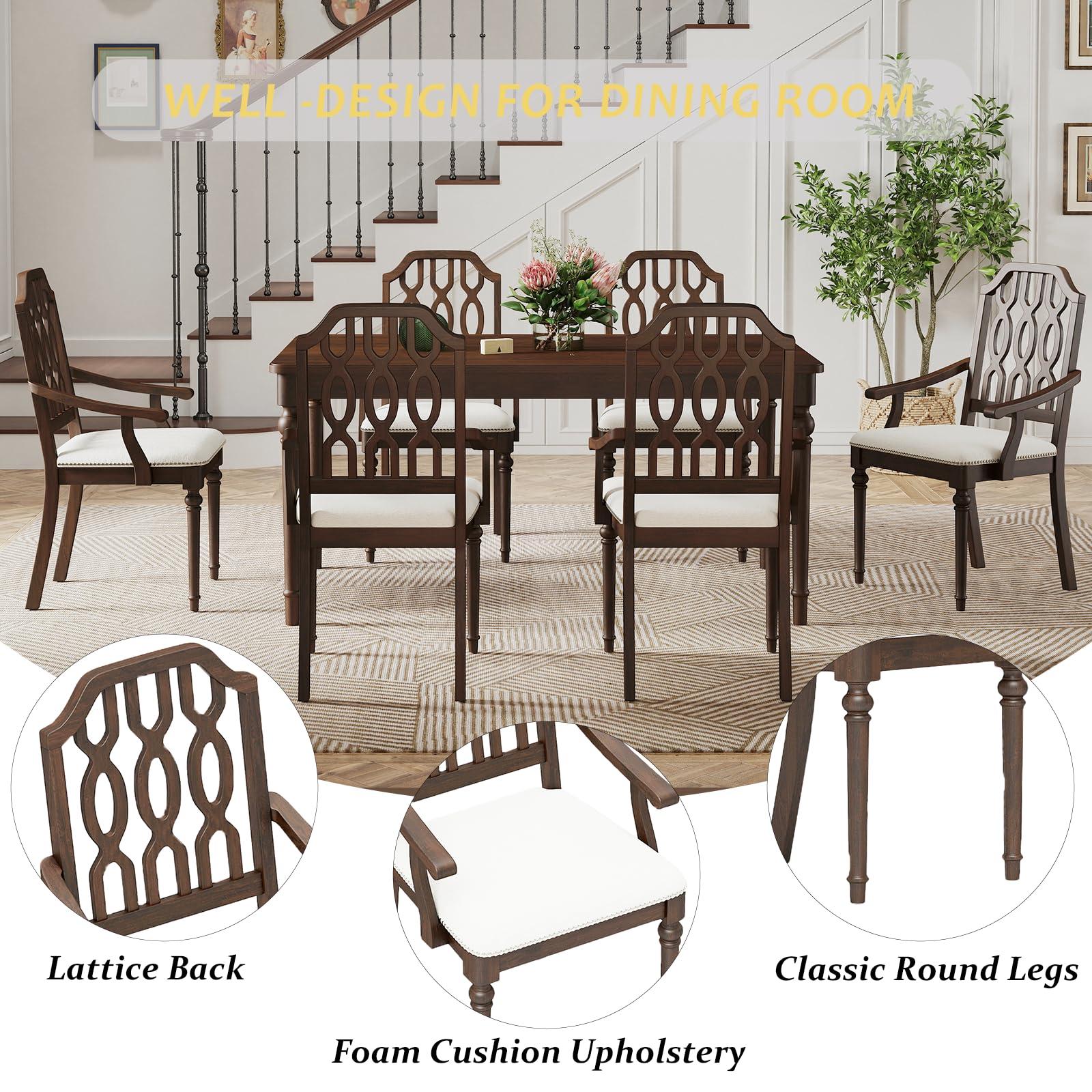 Kmax Dining Chairs Set of 4 Light Luxury Carving Craft Dining Room Chair with Brown Wood Frame Upholstered Seat Arm Chair with Lattice Back for Kitchen, White Chenille - Image 5
