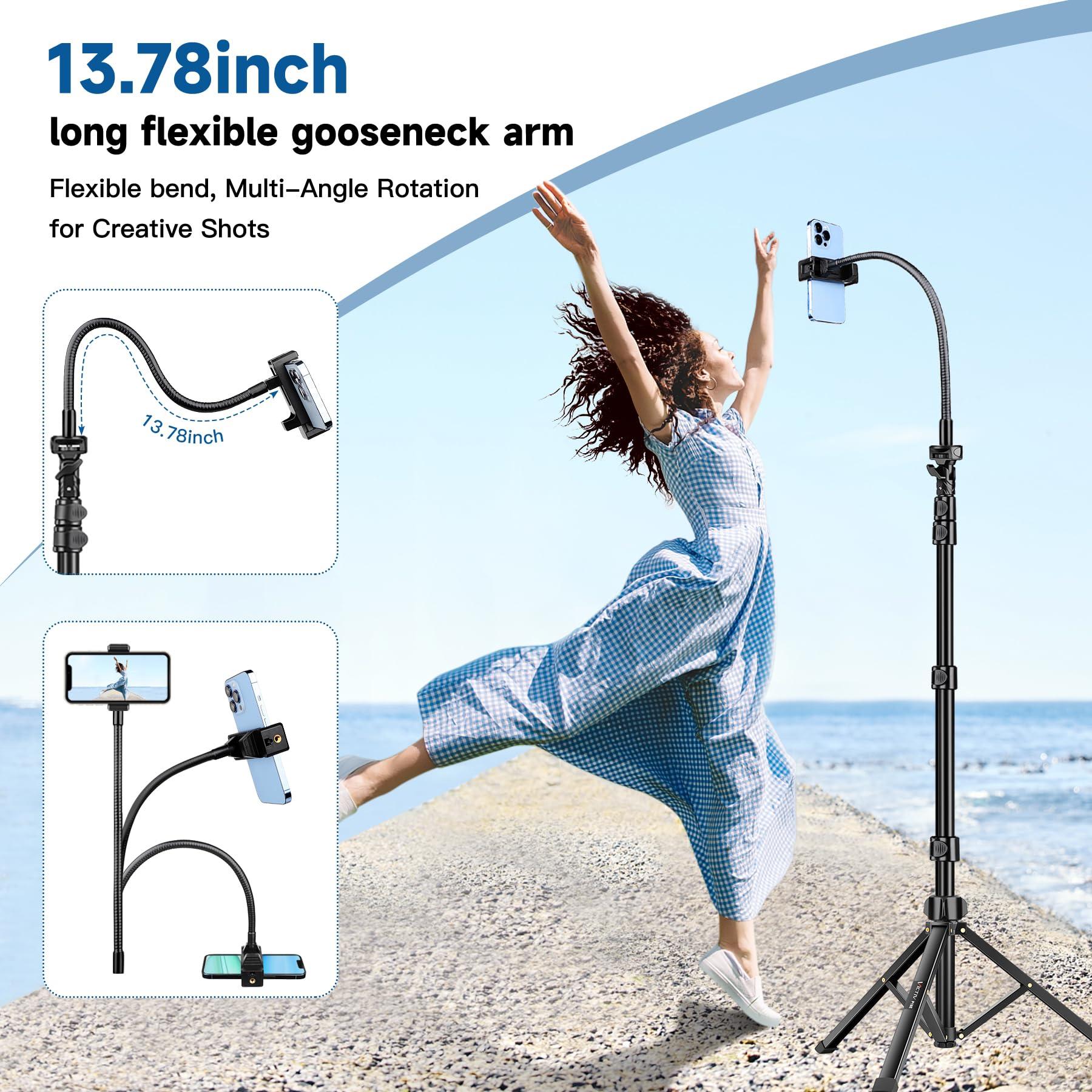 Phone Tripod Stand, 85" Tall Cellphone Tripod for iPhone with Gooseneck Remote, Flexible Portable Phone Stand for Recording, Compatible with iPhone 14 13 12 pro Android Camera - Image 2
