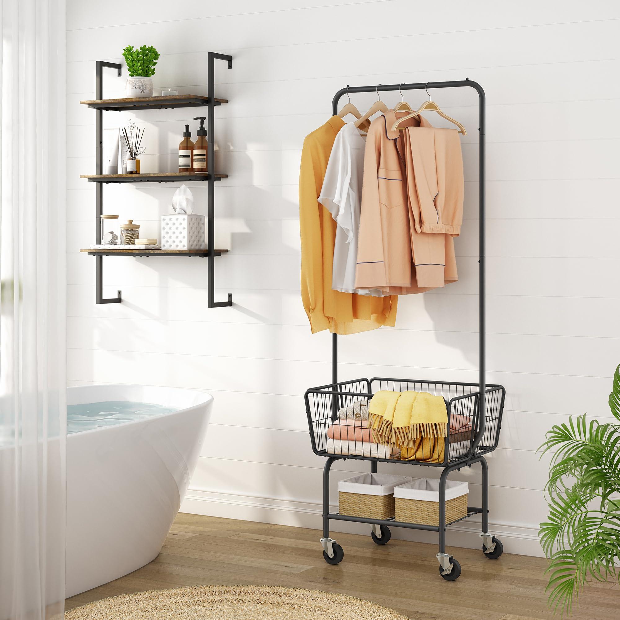 Tajsoon Laundry Cart with Hanging Rack, Metal Laundry Basket with Wheels, Laundry Hamper with Storage Basket and Shelf, Rolling Laundry Cart with Wheels, Black - Image 2