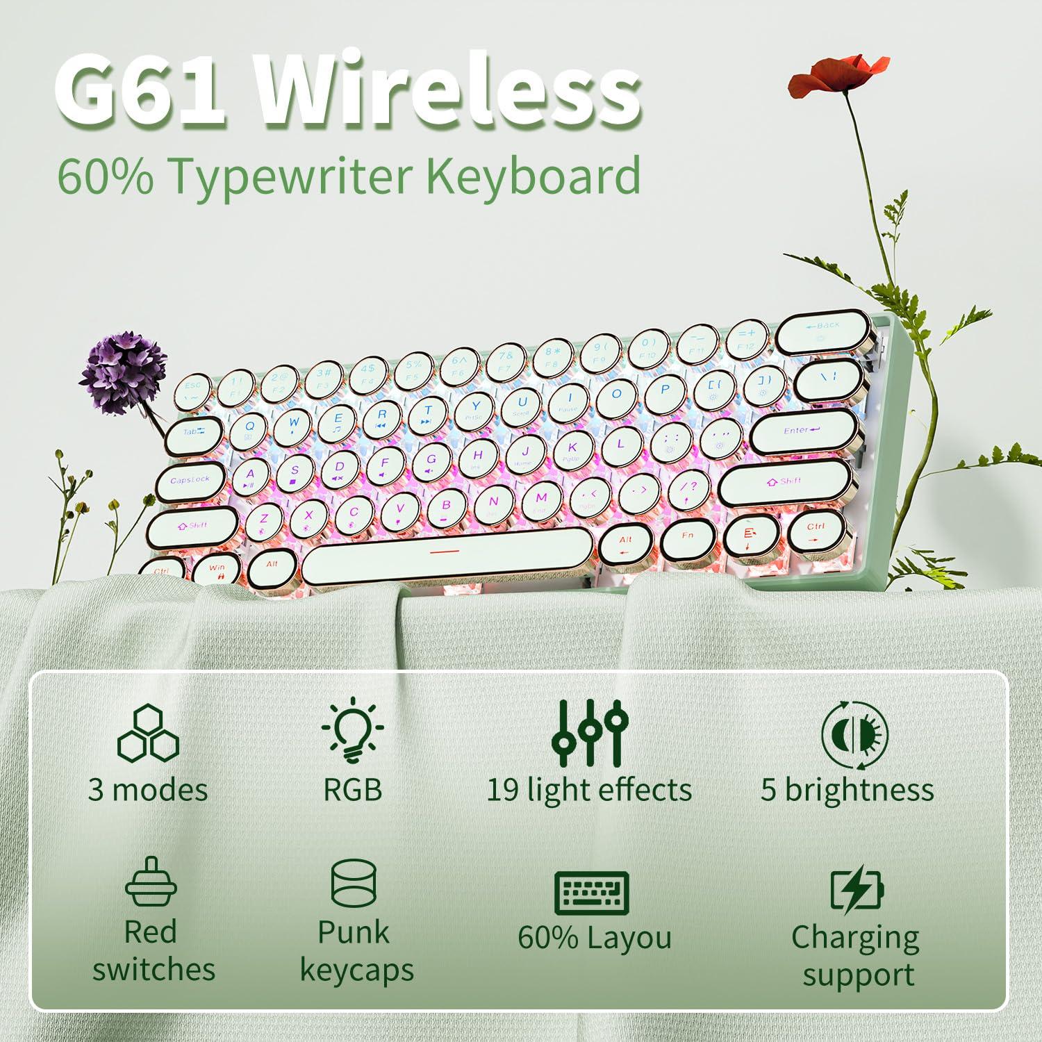 EWEADN G61 Typewriter Keyboard Wireless Mechanical Keyboards, 60% Mini Typewriter Keyboard with Rainbow Backlit, Anti-Ghosting, Red Switch Bluetooth/2.4GHz/USB-C Cute Aesthetic Keyboards-Green - Image 2